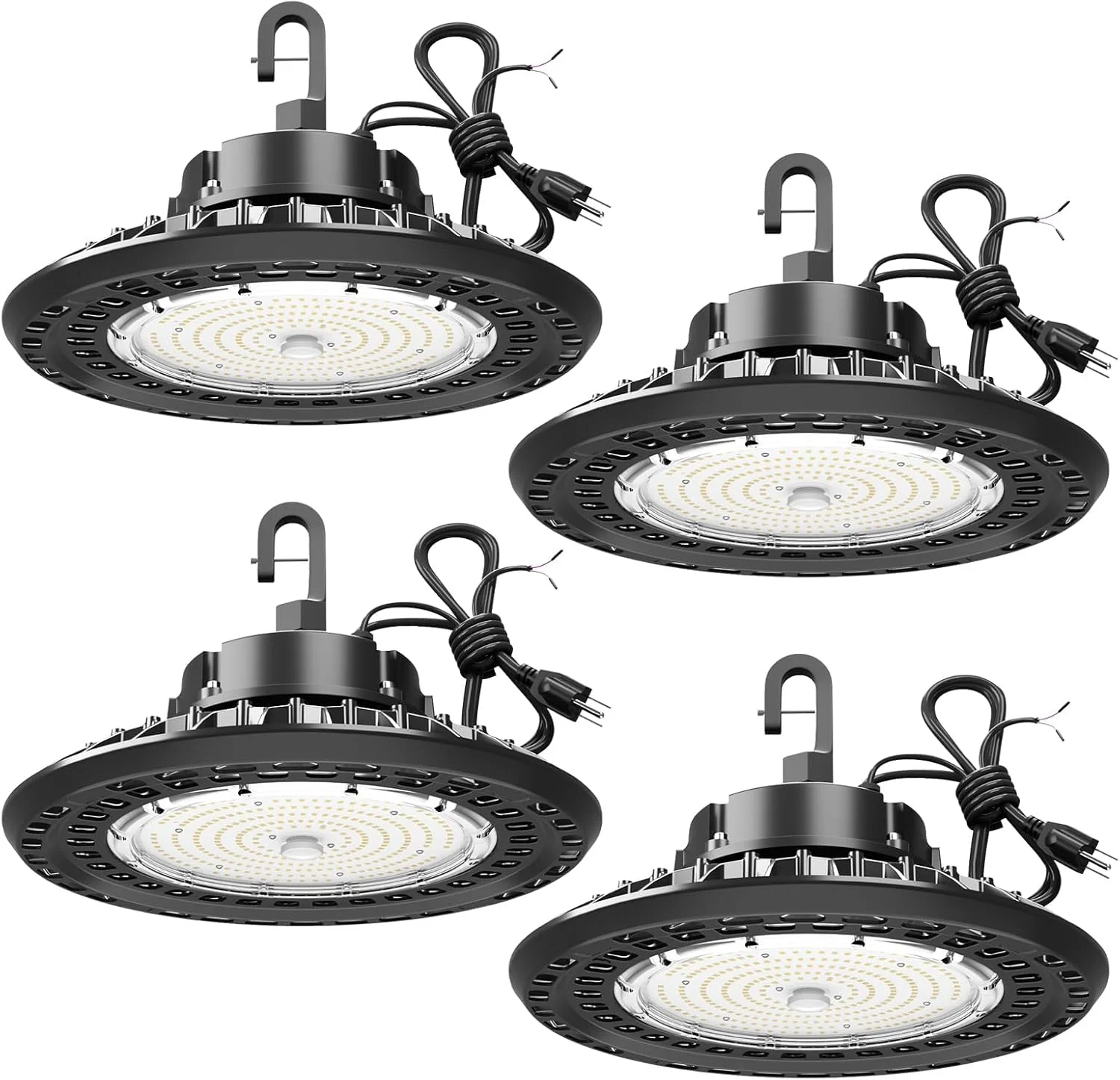 چراغ های LED سوله ای 300 واتی G GJIA، بسته 4 عددی، چراغ های LED کارگاهی سوله ای برای انبار، کارخانه، نور روز 5000K، ولتاژ 100-277 ولت، دیمر 0-10 ولت، ضد آب، نورپردازی تجاری سوله ای، فوق العاده روشن، UL، مشکی