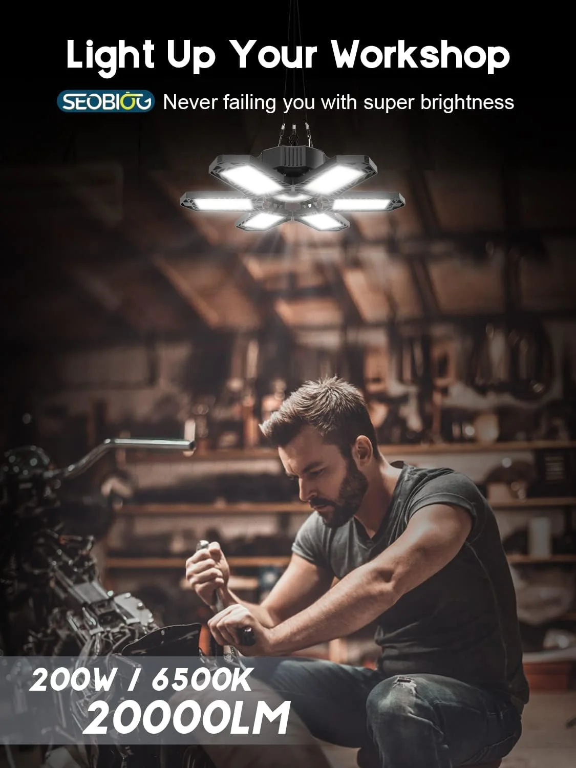 چراغ های گاراژ LED سئوبی او جی مدل 4 عددی، چراغ کارگاهی LED با قابلیت اتصال 200 وات 20000 لومن، چراغ سقفی 6500K با 6+1 پنل تغییر شکل پذیر برای گاراژ، انبار، انبار غله، زیرزمین (دارای کلید روشن/خاموش داخلی) چراغ های گاراژ LED سئوبی او جی مدل 4 عددی، چراغ کارگاهی LED با قابلیت اتصال 200 وات 20000 لومن، چراغ سقفی 6500K با 6+1 پنل تغییر شکل پذیر برای گاراژ، انبار، انبار غله، زیرزمین (دارای کلید روشن/خاموش داخلی)