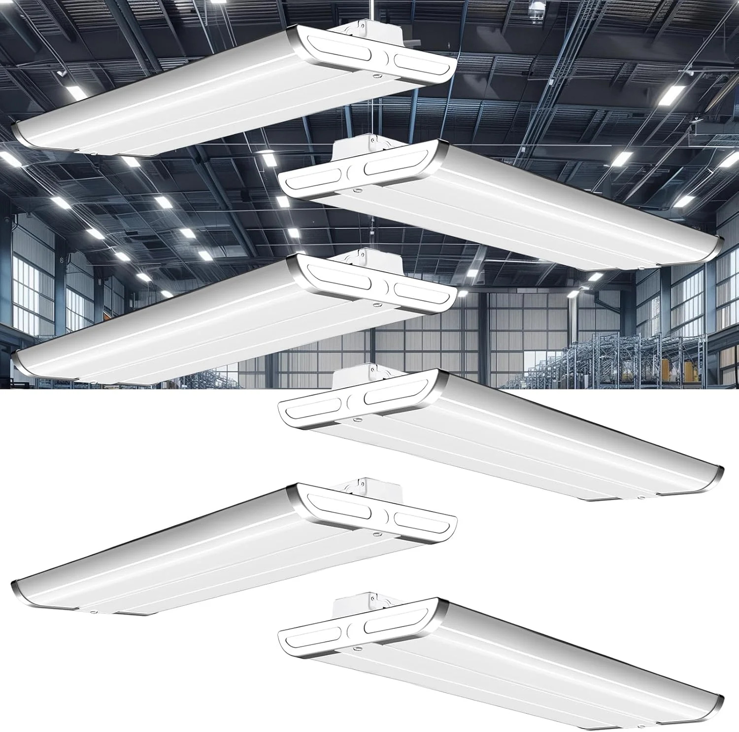 چراغ سوله ای LED دو فوتی، 150 وات 21500 لومن [معادل 600 وات MH/HPS] 5000K چراغ آویز خطی برای انبار، بسته 6 عددی