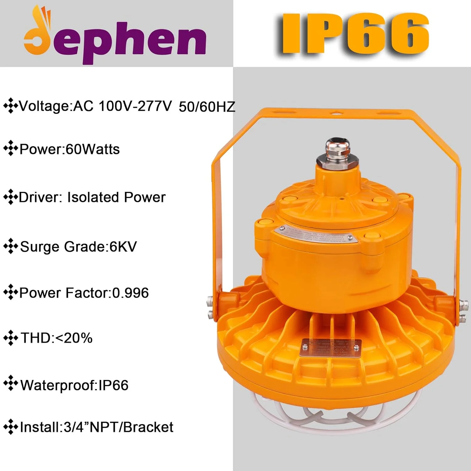 چراغ ضد انفجار LED دیفن 60 وات، دارای گواهینامه UL 844 کلاس I Division II، روشنایی انبار صنعتی، 8400 لومن معادل 240 وات، نور روز 5700K، ضد آب IP66، نصب 3/4 اینچ NPT / براکت چراغ ضد انفجار LED دیفن 60 وات، دارای گواهینامه UL 844 کلاس I Division II، روشنایی انبار صنعتی، 8400 لومن معادل 240 وات، نور روز 5700K، ضد آب IP66، نصب 3/4 اینچ NPT / براکت
