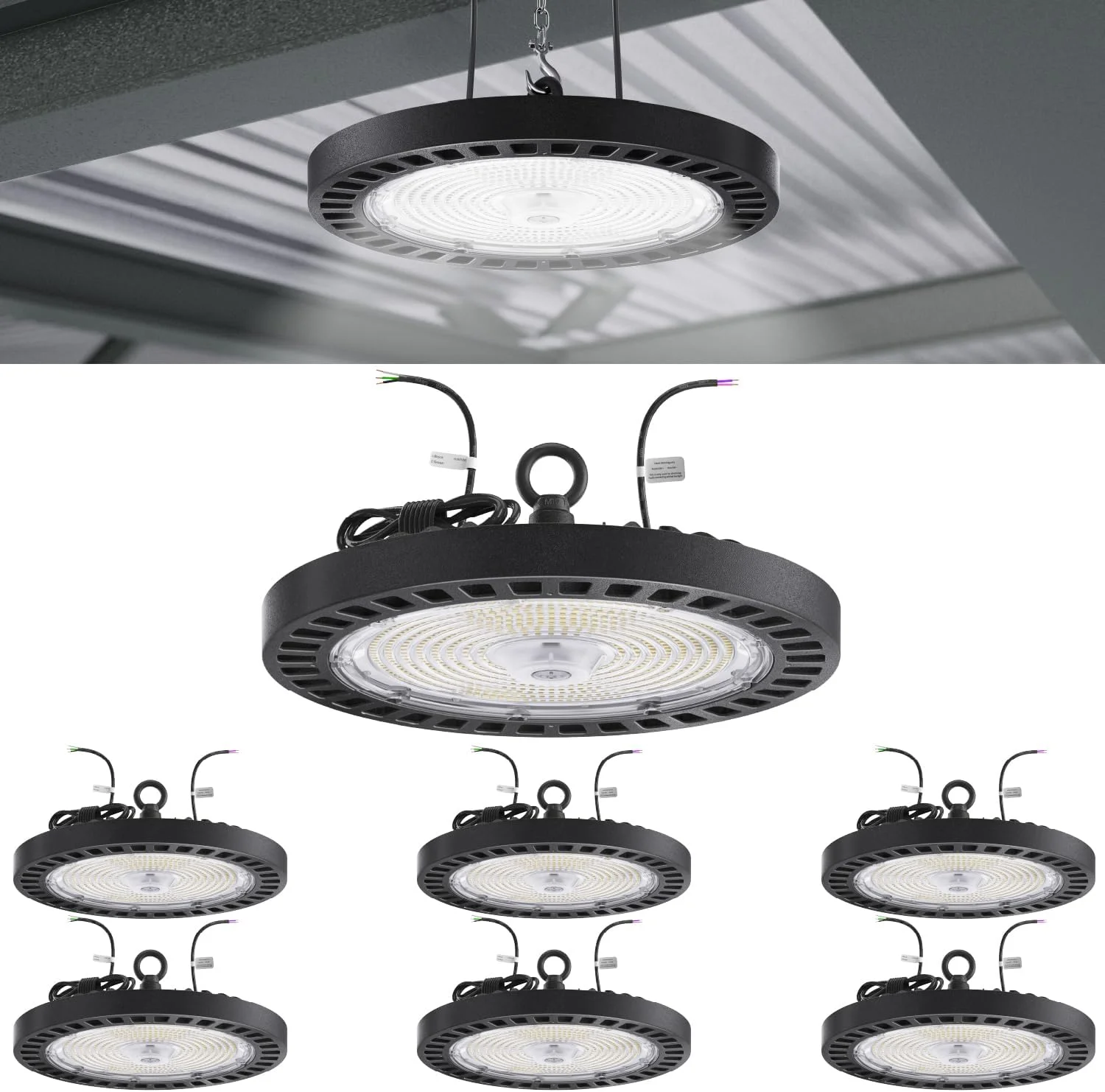 چراغ سوله ای LED سانکو مدل UFO، بسته 6 عددی، روشنایی برای انبار، 5000K نور روز، 240 وات، 34800 لومن، 100-277 ولت، دیمر 0-10 ولت، ضد آب و هوا IP65، فوق العاده روشن، UL