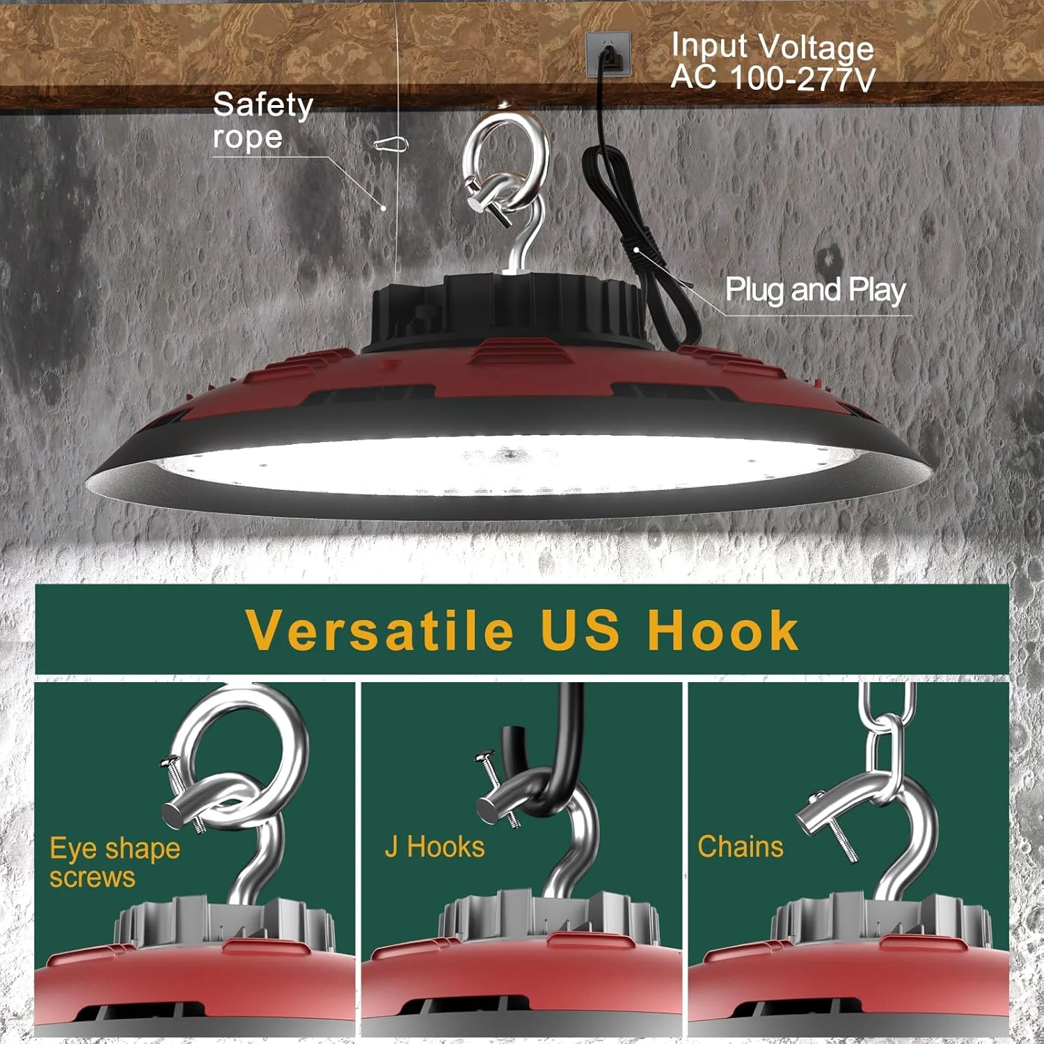 چراغ سوله ای ال ای دی 420 وات ACOHOOK، 5000K، نور روز تجاری UFO، AC100-277V، 63000 لومن (جایگزین 1680W MH/HPS)، شامل دوشاخه و قلاب آمریکایی، بسته 4 عددی چراغ سوله ای ال ای دی 420 وات ACOHOOK، 5000K، نور روز تجاری UFO، AC100-277V، 63000 لومن (جایگزین 1680W MH/HPS)، شامل دوشاخه و قلاب آمریکایی، بسته 4 عددی