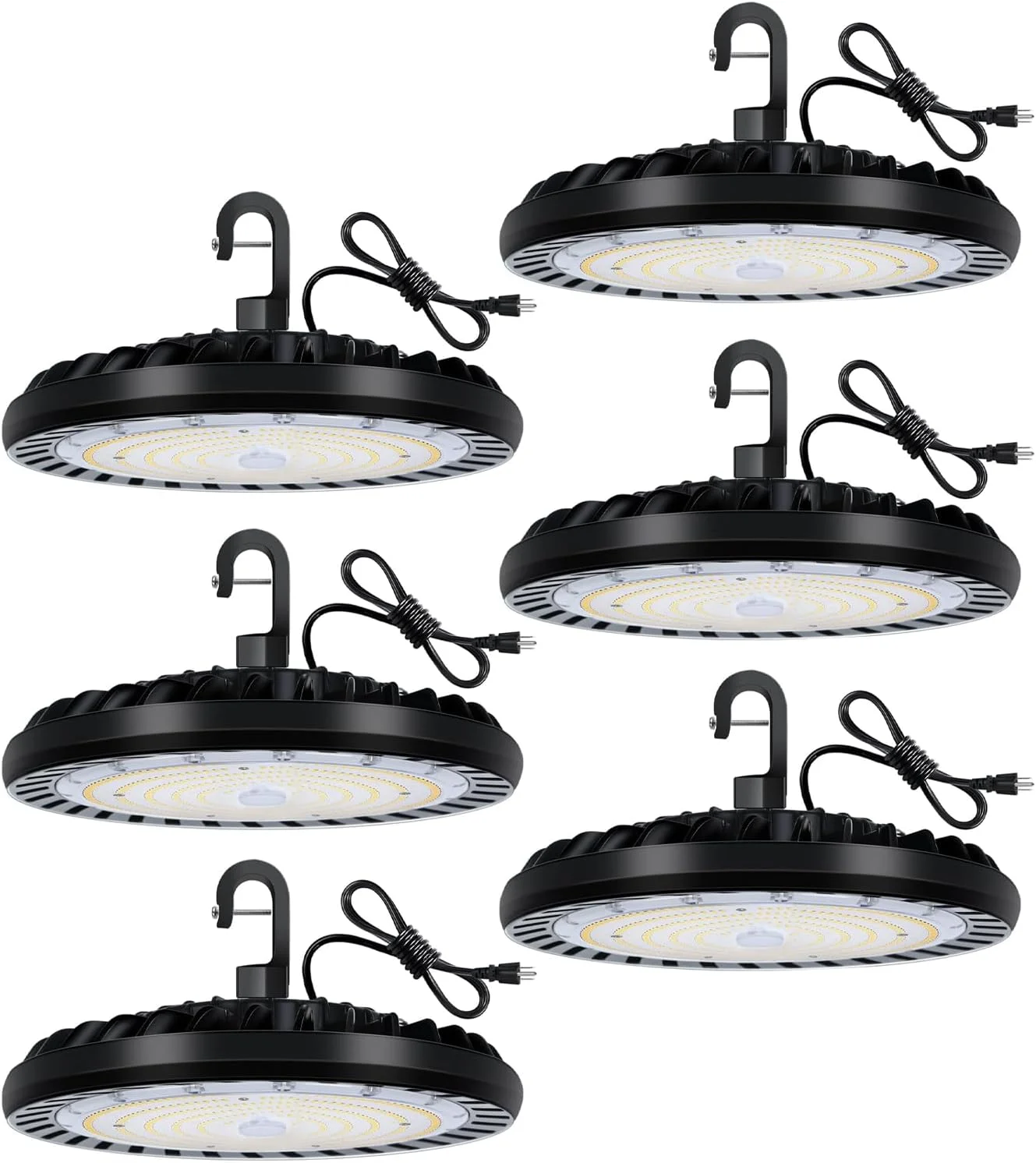 چراغ سوله ای ال ای دی هایکولیتی 200 وات، 5000K مدل UFO با دوشاخه آمریکایی (معادل 600 وات متال هالید/HPS)، 100-277 ولت، 26000 لومن، IP65 مناسب برای محیط های مرطوب، بسته 6 عددی