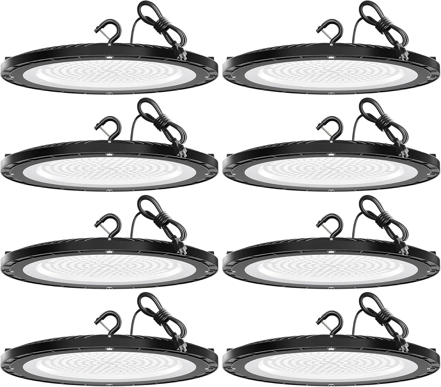چراغ های سوله ای ال ای دی بشقابی LvsDak UFO 200W 28000LM با دوشاخه آمریکایی کابل 1.5 متری 5000K AC100-277V چراغ های کارگاهی ال ای دی سوله ای تجاری کارخانه انبار کارگاه گاراژ بسته 8 عددی