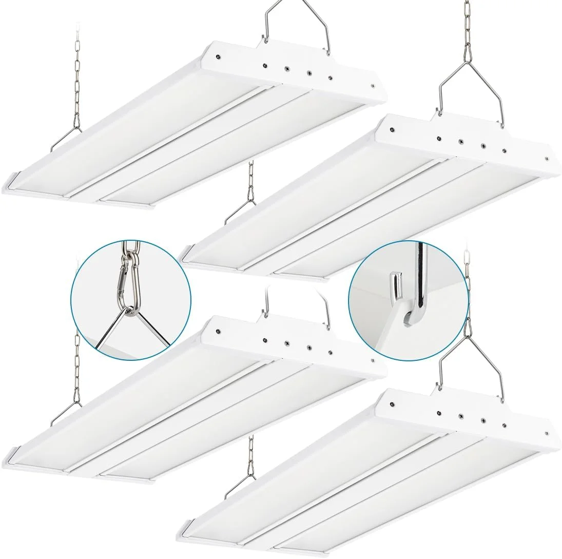 Xbuyee - بسته 4 عددی چراغ های سوله ای LED با قابلیت انتخاب 200W 28000LM 200W/150W/100W، قابل تنظیم 4000K/5000K، 100-277V، چراغ های سوله ای خطی برای انبار، کارگاه