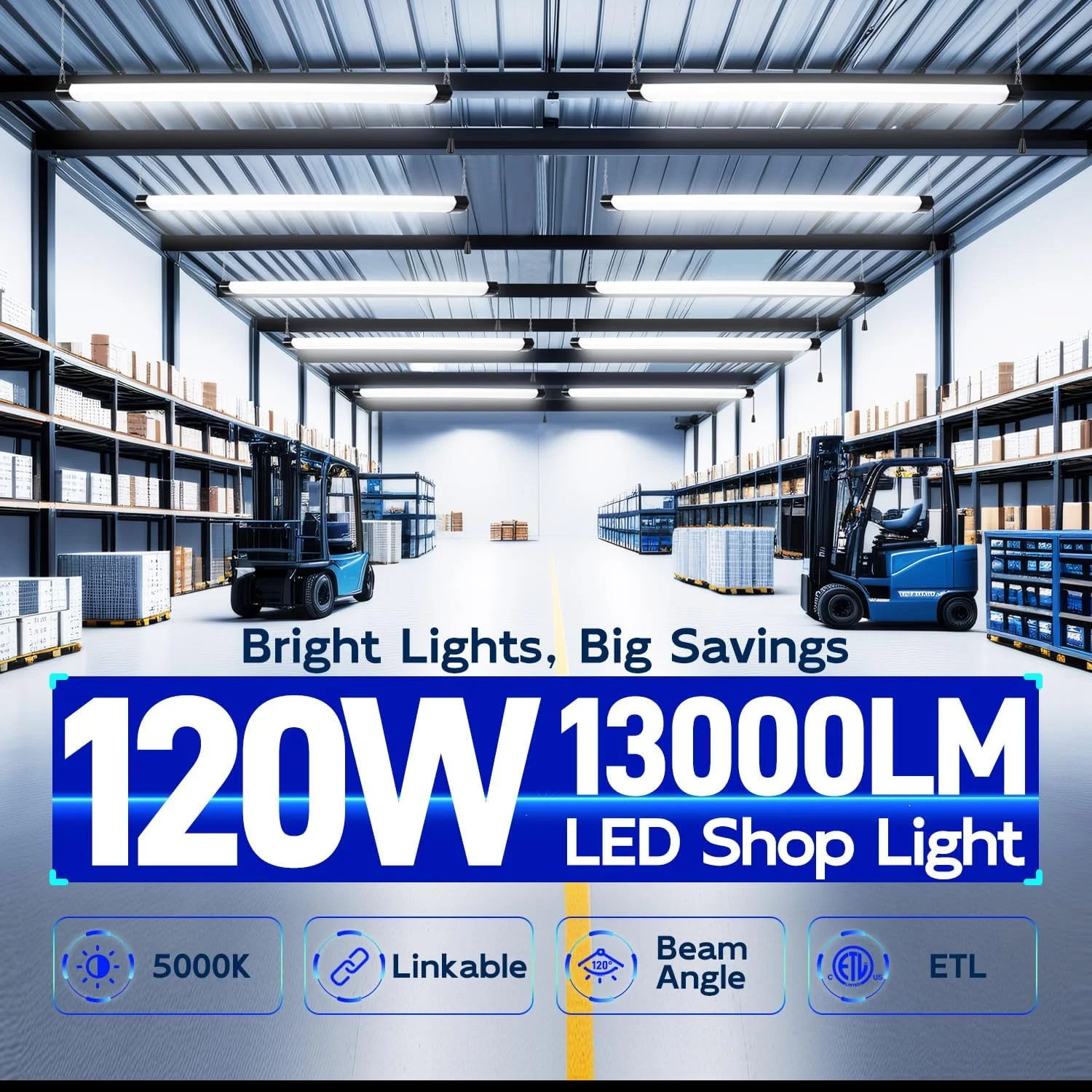 چراغ کارگاهی LED هایکولیتی 4 فوتی 120 وات، قابل اتصال، 13000 لومن (معادل 400 وات)، چراغ های کارگاهی 5000K برای گاراژها، کارگاه ها، زیرزمین ها، آویز یا نصب سطحی، دارای سیم برق و زنجیر کششی، ETL، مشکی، 2 عدد