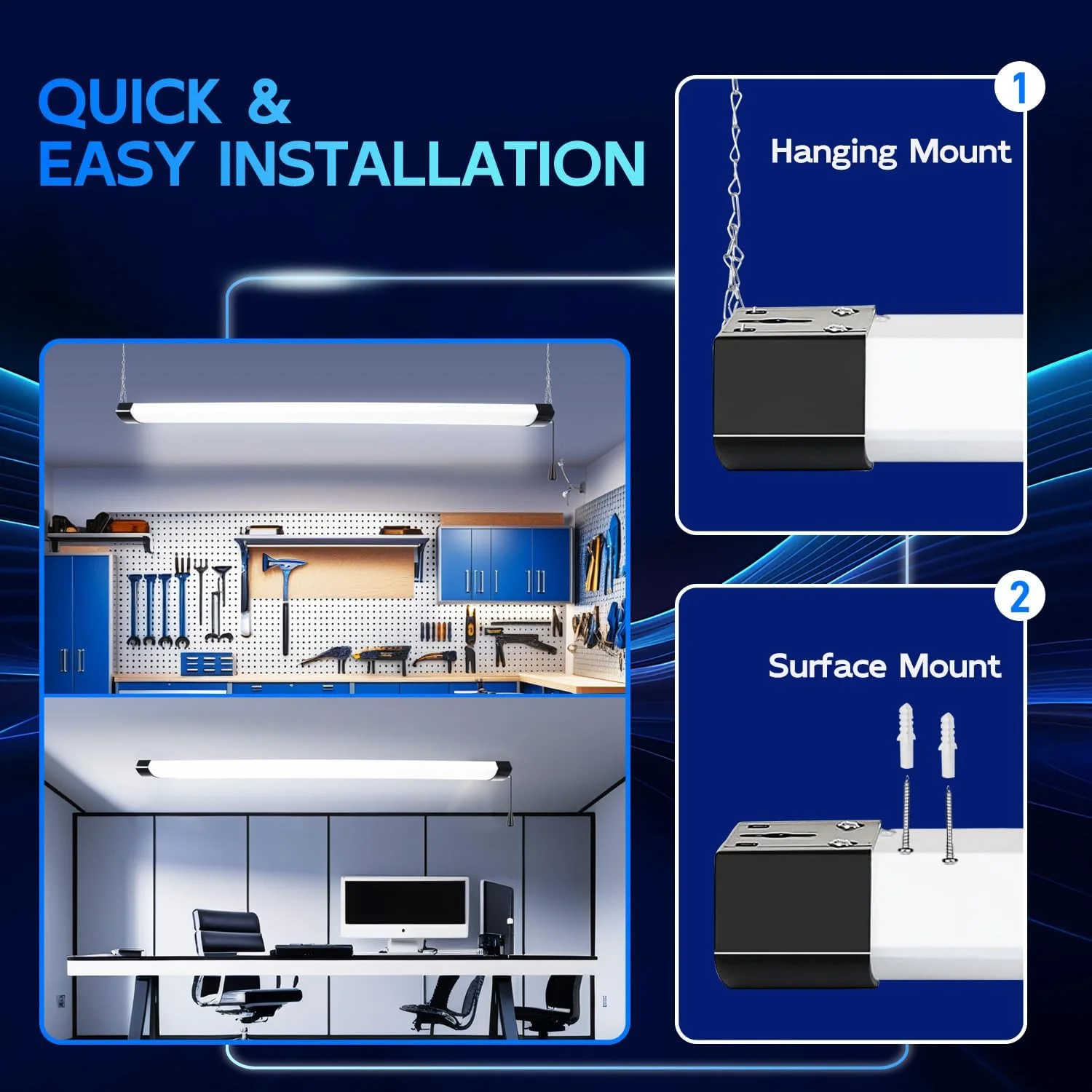 چراغ کارگاهی LED هایکولیتی 4 فوتی 120 وات، قابل اتصال، 13000 لومن (معادل 400 وات)، چراغ های کارگاهی 5000K برای گاراژها، کارگاه ها، زیرزمین ها، آویز یا نصب سطحی، دارای سیم برق و زنجیر کششی، ETL، مشکی، 2 عدد