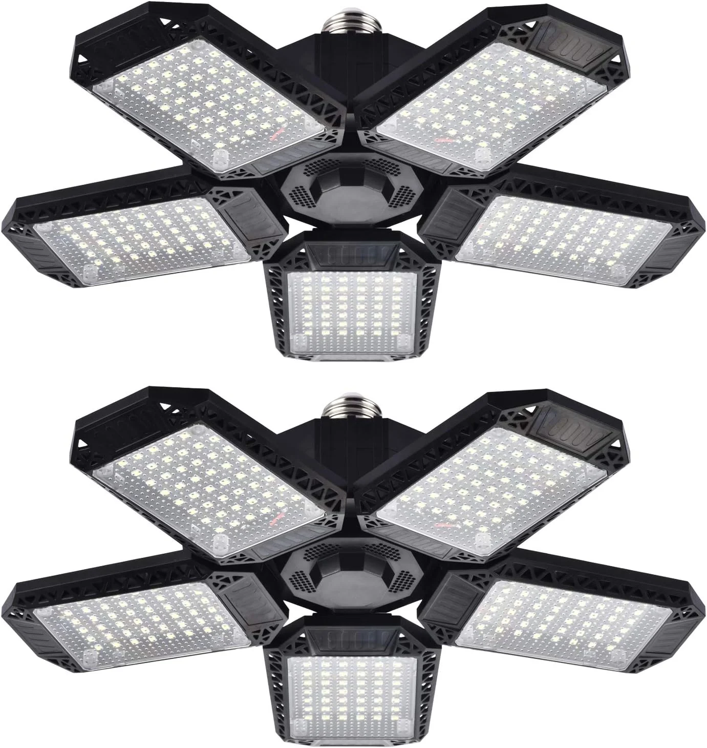 چراغ های گاراژ LED Mefflypee بسته 2 عددی، چراغ های سقفی گاراژ LED تغییر شکل پذیر 120 واتی با 5 پنل قابل تنظیم، چراغ های کارگاهی LED E26 12000LM برای گاراژ، زیرزمین، انبار، نور بالا (بسته 2 عددی)