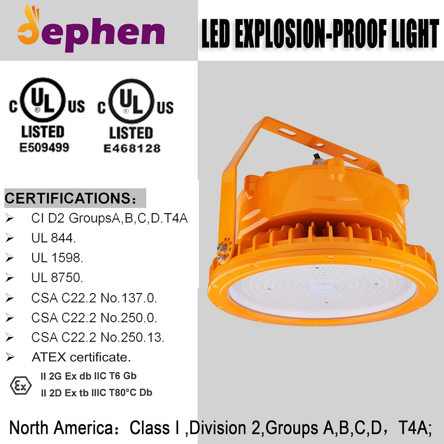 چراغ ضد انفجار LED دیفن 150 وات، دارای گواهینامه UL 844 کلاس I بخش II، روشنایی صنعتی High Bay، 24750 لومن 5700K نور روز، ضد آب IP66، 3/4 اینچ NPT/براکت برای پمپ بنزین میدان نفتی
