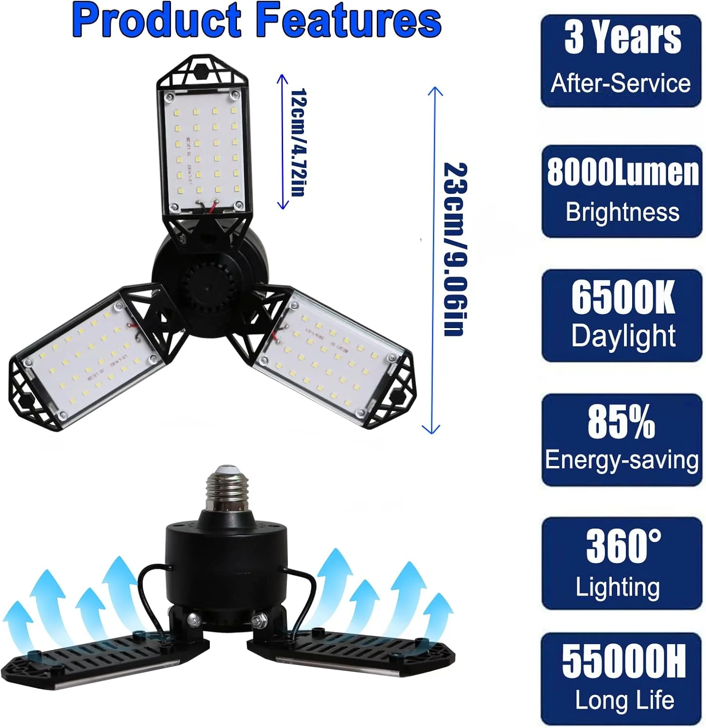 چراغ گاراژ LED 80 واتی 2 عددی، چراغ های سقفی 8000 لومن با 3 پنل قابل تنظیم، چراغ های LED ثابت لامپ نور روز 6500K برای گاراژ، چراغ های کارگاهی LED E26/E27، چراغ LED سوله کارگاهی زیر شیروانی