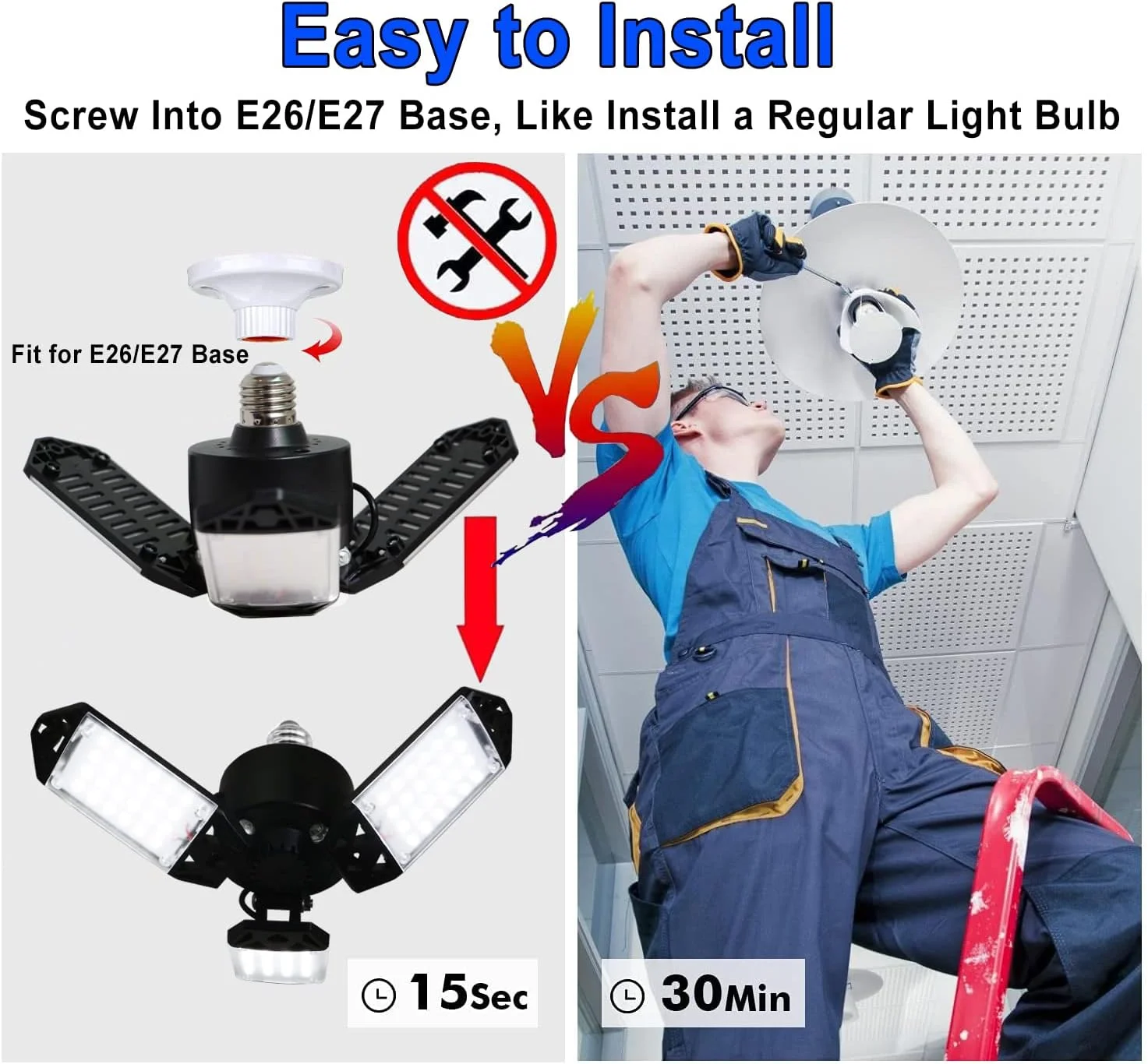 چراغ گاراژ LED 80 واتی 2 عددی، چراغ های سقفی 8000 لومن با 3 پنل قابل تنظیم، چراغ های LED ثابت لامپ نور روز 6500K برای گاراژ، چراغ های کارگاهی LED E26/E27، چراغ LED سوله کارگاهی زیر شیروانی