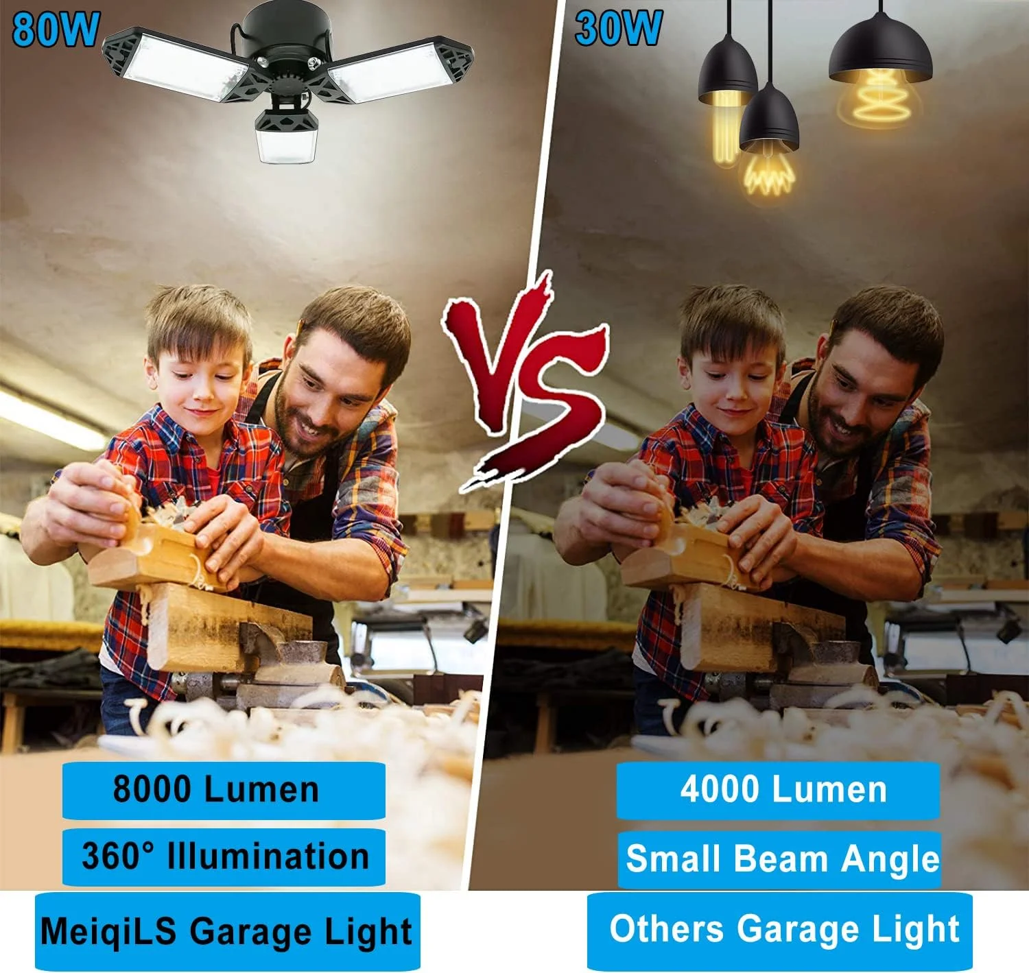 چراغ گاراژ LED 80 واتی 2 عددی، چراغ های سقفی 8000 لومن با 3 پنل قابل تنظیم، چراغ های LED ثابت لامپ نور روز 6500K برای گاراژ، چراغ های کارگاهی LED E26/E27، چراغ LED سوله کارگاهی زیر شیروانی