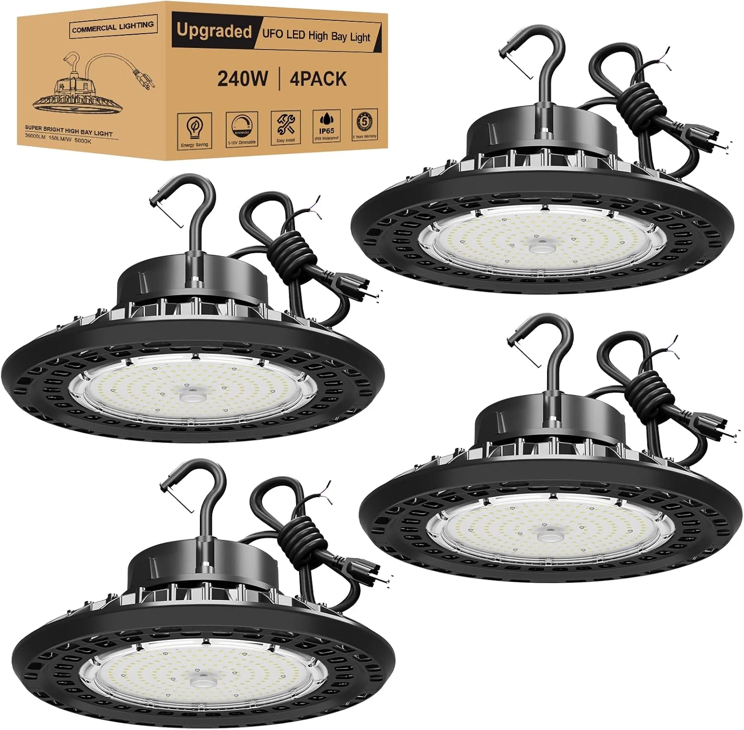 چراغ سوله ای ال ای دی یو اف او JC-LGL مدل 240 وات بسته 4 عددی، 36000 لومن (معادل 1000 وات متال هالید/HPS)، دیمر دار، مشکی، چراغ سوله ای صنعتی برای انبار، کارخانه، انبار غله، فروشگاه