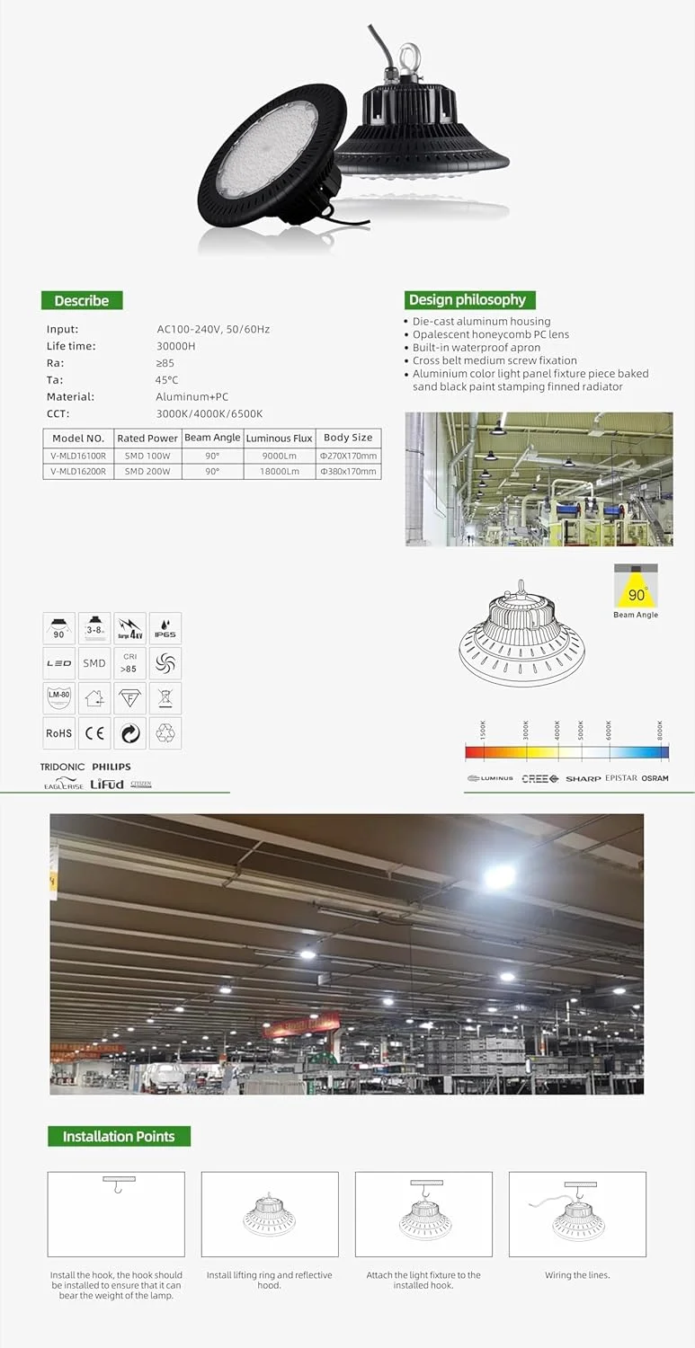 چراغ LED صنعتی سوله ای FUTURE | نورافکن سقفی | روشنایی انبار صنعتی | بدنه آلومینیومی مشکی با قلاب آویز | رنگ سفید 6500K | 18000 لومن 200 وات