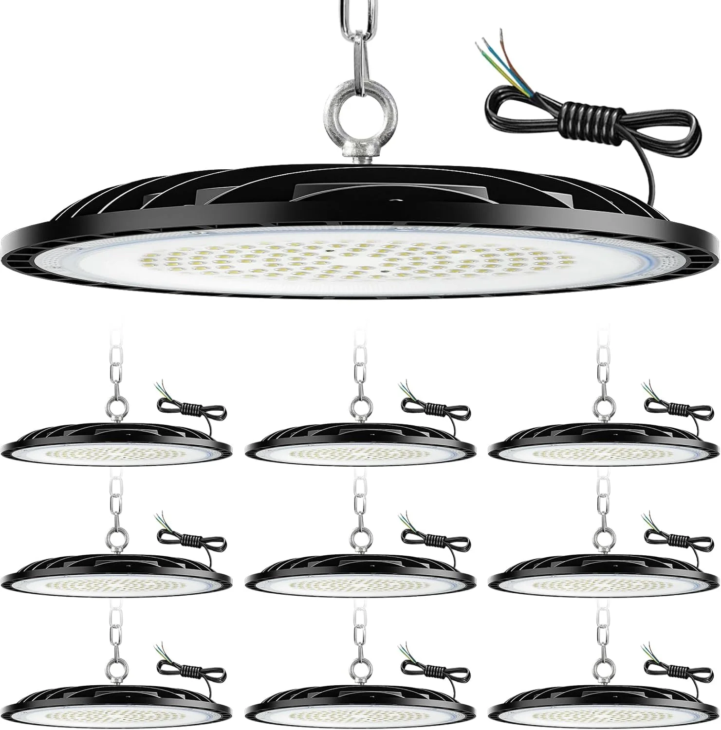 چراغ سوله ای ال ای دی UFO مدل ZXICH با توان 150 وات، 22500 لومن، نورافکن LED داخلی، سفید سرد 6000K-6500K، روشنایی کارگاهی ضد آب IP65، چراغ صنعتی LED برای گاراژ/کارخانه/کارگاه/پارکینگ/باشگاه ورزشی (150 وات، بسته 10 عددی)
