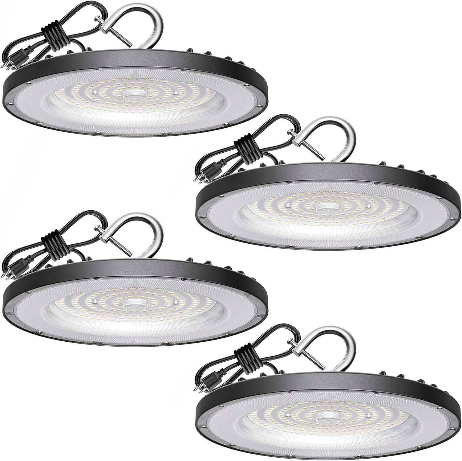 چراغ سوله ای ال ای دی یو اف او 200 وات، 4 عددی، نور روز 6000 کلوین 30000 لومن AC100-277V، چراغ های کارگاهی یو اف او با دوشاخه آمریکایی، نورپردازی ضد آب IP65 برای انبار صنعتی تجاری، کارگاه، گاراژ، کارخانه