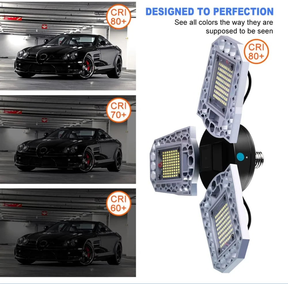چراغ گاراژی تاشو LED ANLONGLI مدل E27 100-265V، نور تغییر شکل دهنده فوق العاده روشن، چراغ القایی ضد آب، روشنایی گاراژ صنعتی در فضای باز، نور بالا، سفید گرم، 80 وات چراغ گاراژی تاشو LED ANLONGLI مدل E27 100-265V، نور تغییر شکل دهنده فوق العاده روشن، چراغ القایی ضد آب، روشنایی گاراژ صنعتی در فضای باز، نور بالا، سفید گرم، 80 وات