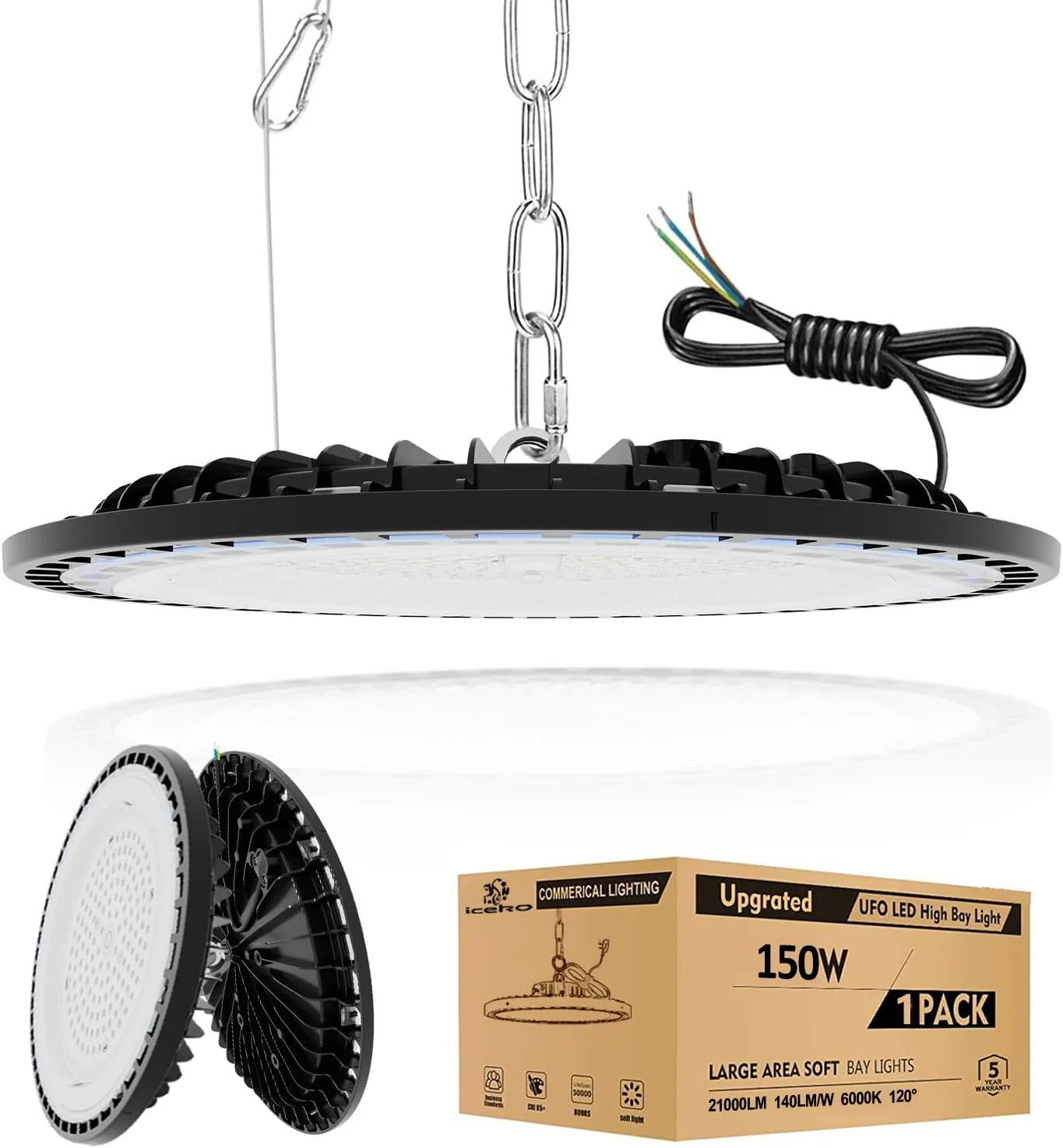 چراغ سوله ای LED صنعتی یو اف او آیسکو مدل KN 150W، چراغ سقفی LED برای گاراژ، روشنایی کارگاه، 21000 لومن/6000 کلوین/ضد آب، چراغ های قدرتمند برای مغازه ها، گاراژ، انبار، زیرزمین، اتاق زیر شیروانی، سالن ورزشی