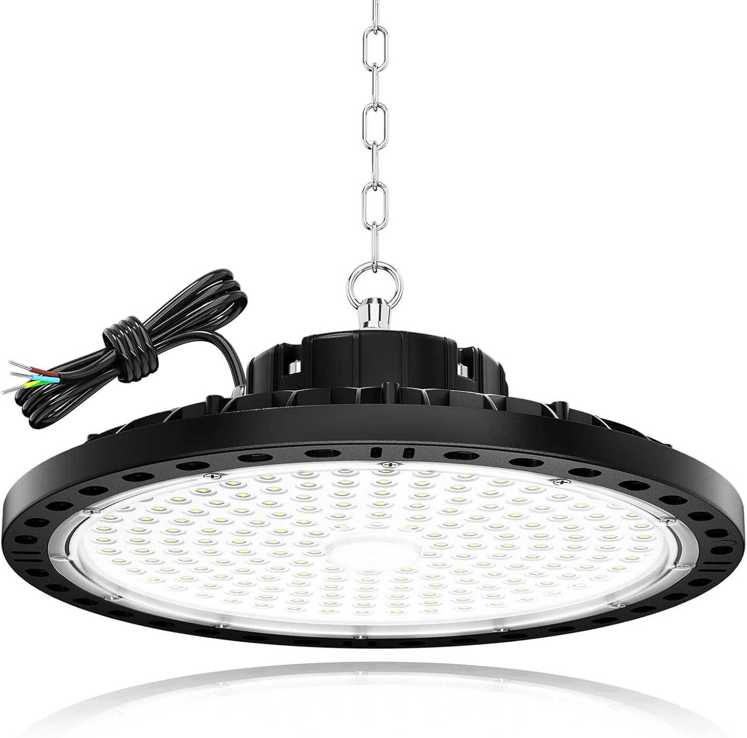 چراغ صنعتی LED مدل UFO تاپائوباب 200 وات، روشنایی کارگاهی گاراژ LED با 20000 لومن به همراه زنجیر فلزی 30 سانتی متری، درایور، 6500 کلوین IP65، چراغ سقفی صنعتی گاراژ برای انبارها و کارخانه ها (تک عددی)