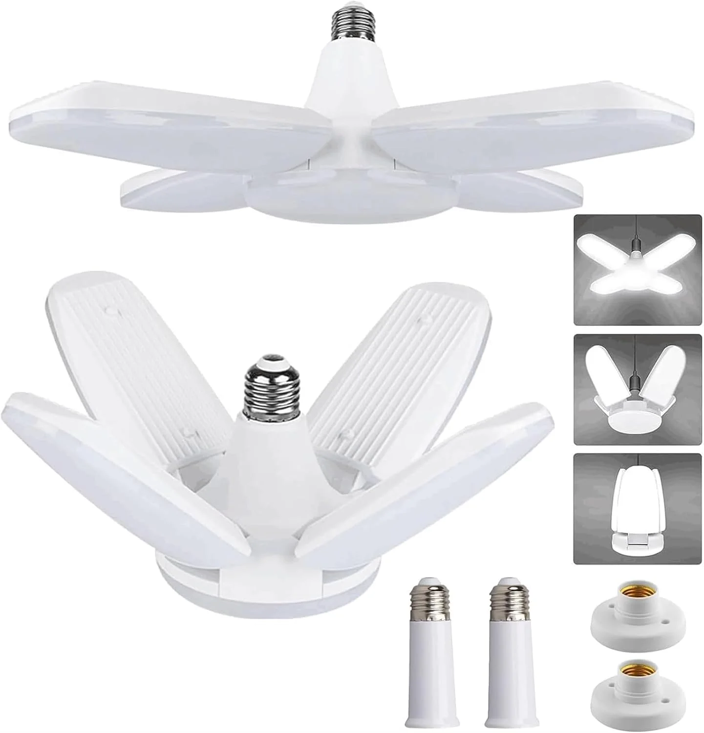 چراغ گاراژ LED فروشگاه سفید، بسته 2 عددی چراغ های کارگاهی LED 60 واتی با 4 پنل قابل تنظیم، لامپ های چراغ گاراژ پیچی 6500K 8000LM نور روز، روشنایی تغییر شکل پذیر برای زیرزمین، انبار، کارگاه