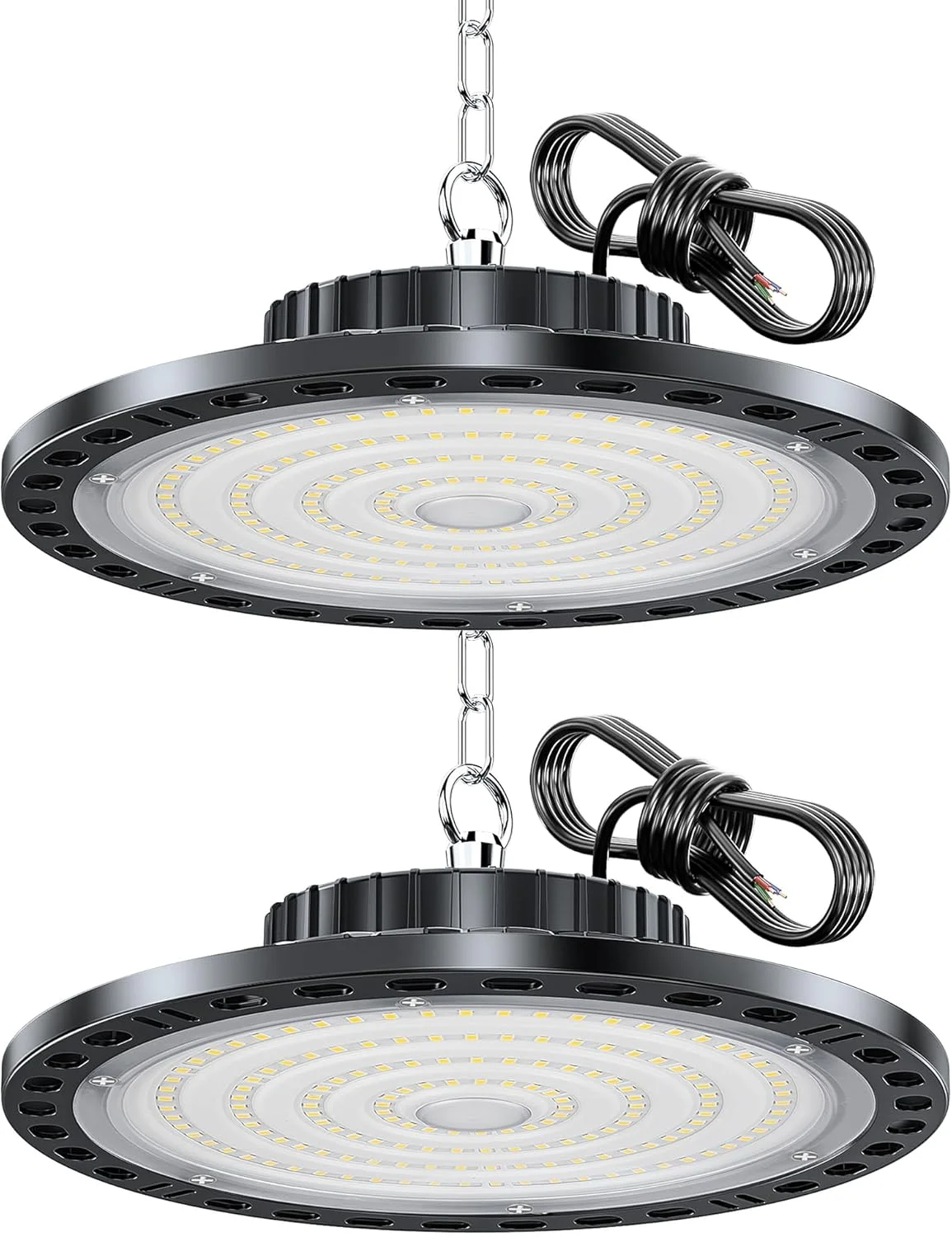 پروژکتور ال ای دی UFO هپی لومی 100 وات، 2 عدد 10000 لومن، نورافکن صنعتی LED کارگاهی، 6500 کلوین سفید سرد، چراغ سقفی ضد آب IP65 برای گاراژ، کارگاه، انبار، سالن ورزشی، زیرزمین