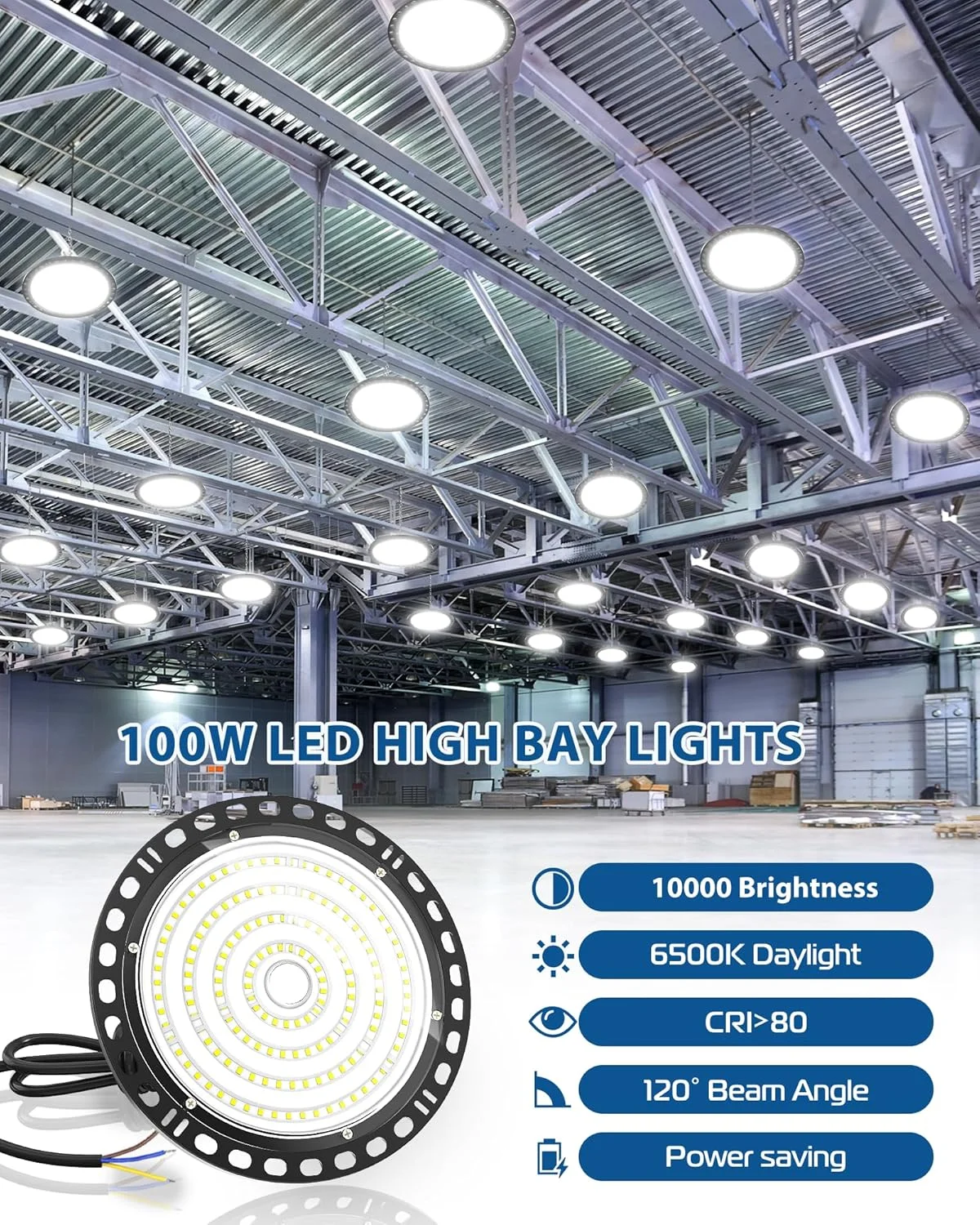 پروژکتور ال ای دی UFO هپی لومی 100 وات، 2 عدد 10000 لومن، نورافکن صنعتی LED کارگاهی، 6500 کلوین سفید سرد، چراغ سقفی ضد آب IP65 برای گاراژ، کارگاه، انبار، سالن ورزشی، زیرزمین پروژکتور ال ای دی UFO هپی لومی 100 وات، 2 عدد 10000 لومن، نورافکن صنعتی LED کارگاهی، 6500 کلوین سفید سرد، چراغ سقفی ضد آب IP65 برای گاراژ، کارگاه، انبار، سالن ورزشی، زیرزمین