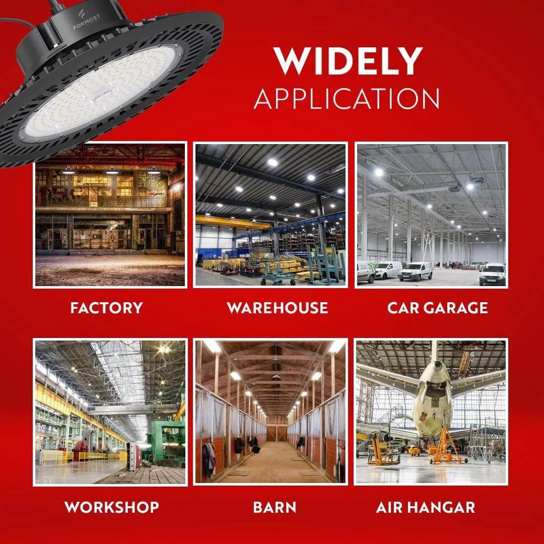 چراغ سقفی صنعتی UFO فورماست، 200 وات LED، 5 سال گارانتی، 25000 لومن، ضد آب IP65، نور تجاری صنعتی با راندمان بالا برای انبار/کارخانه/سالن ورزشی (بسته 4 عددی) چراغ سقفی صنعتی UFO فورماست، 200 وات LED، 5 سال گارانتی، 25000 لومن، ضد آب IP65، نور تجاری صنعتی با راندمان بالا برای انبار/کارخانه/سالن ورزشی (بسته 4 عددی)