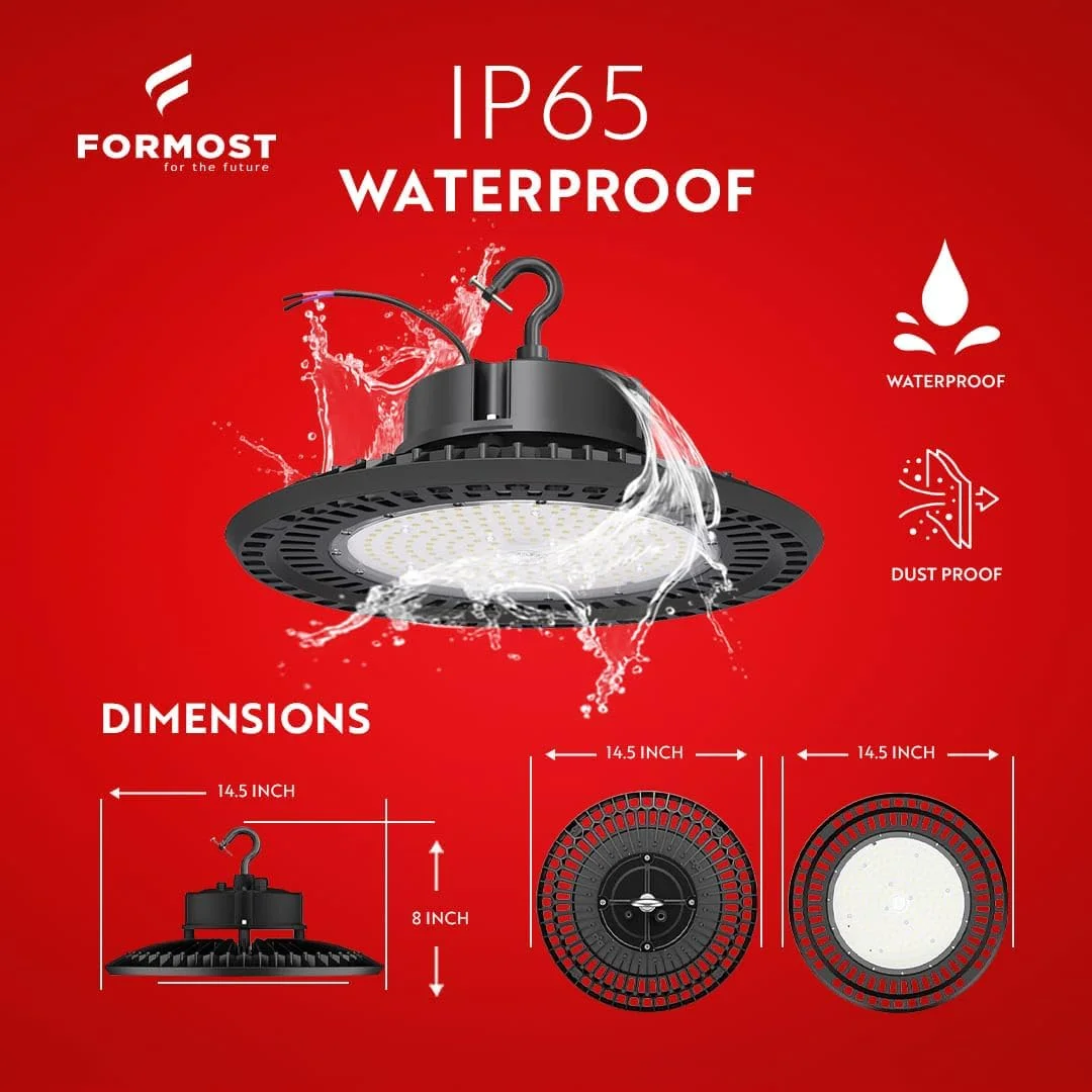 چراغ سقفی صنعتی UFO فورماست، 200 وات LED، 5 سال گارانتی، 25000 لومن، ضد آب IP65، نور تجاری صنعتی با راندمان بالا برای انبار/کارخانه/سالن ورزشی (بسته 4 عددی) چراغ سقفی صنعتی UFO فورماست، 200 وات LED، 5 سال گارانتی، 25000 لومن، ضد آب IP65، نور تجاری صنعتی با راندمان بالا برای انبار/کارخانه/سالن ورزشی (بسته 4 عددی)