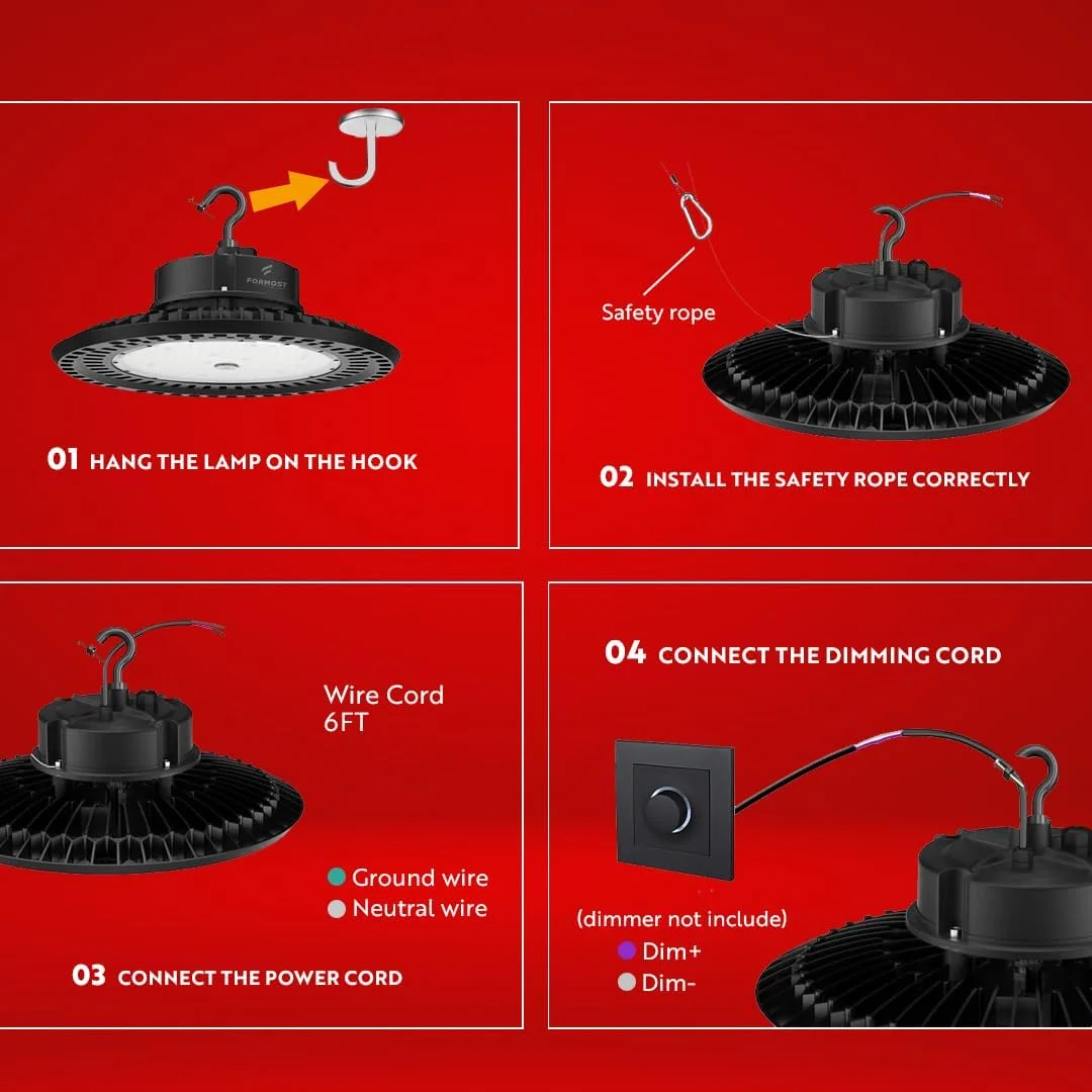 چراغ سقفی صنعتی UFO فورماست، 200 وات LED، 5 سال گارانتی، 25000 لومن، ضد آب IP65، نور تجاری صنعتی با راندمان بالا برای انبار/کارخانه/سالن ورزشی (بسته 4 عددی) چراغ سقفی صنعتی UFO فورماست، 200 وات LED، 5 سال گارانتی، 25000 لومن، ضد آب IP65، نور تجاری صنعتی با راندمان بالا برای انبار/کارخانه/سالن ورزشی (بسته 4 عددی)
