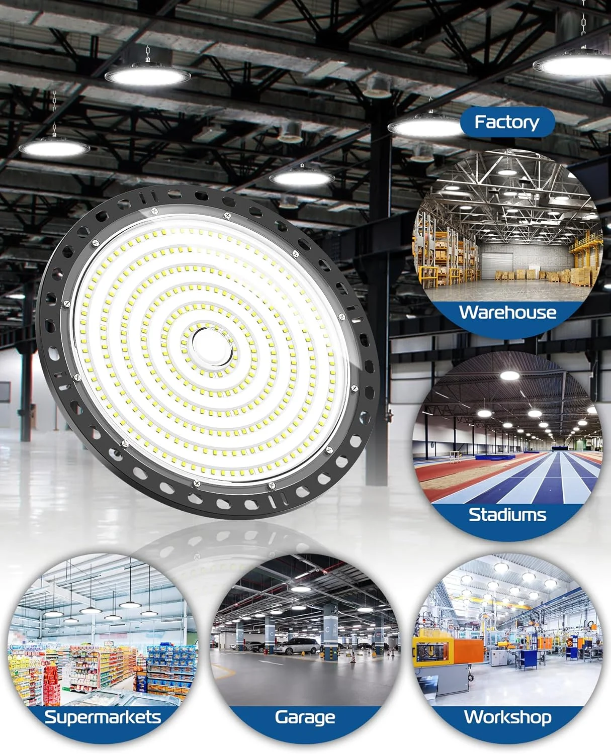 پروژکتور ال ای دی UFO هپی لومی 100 وات، 2 عدد 10000 لومن، نورافکن صنعتی LED کارگاهی، 6500 کلوین سفید سرد، چراغ سقفی ضد آب IP65 برای گاراژ، کارگاه، انبار، سالن ورزشی، زیرزمین پروژکتور ال ای دی UFO هپی لومی 100 وات، 2 عدد 10000 لومن، نورافکن صنعتی LED کارگاهی، 6500 کلوین سفید سرد، چراغ سقفی ضد آب IP65 برای گاراژ، کارگاه، انبار، سالن ورزشی، زیرزمین
