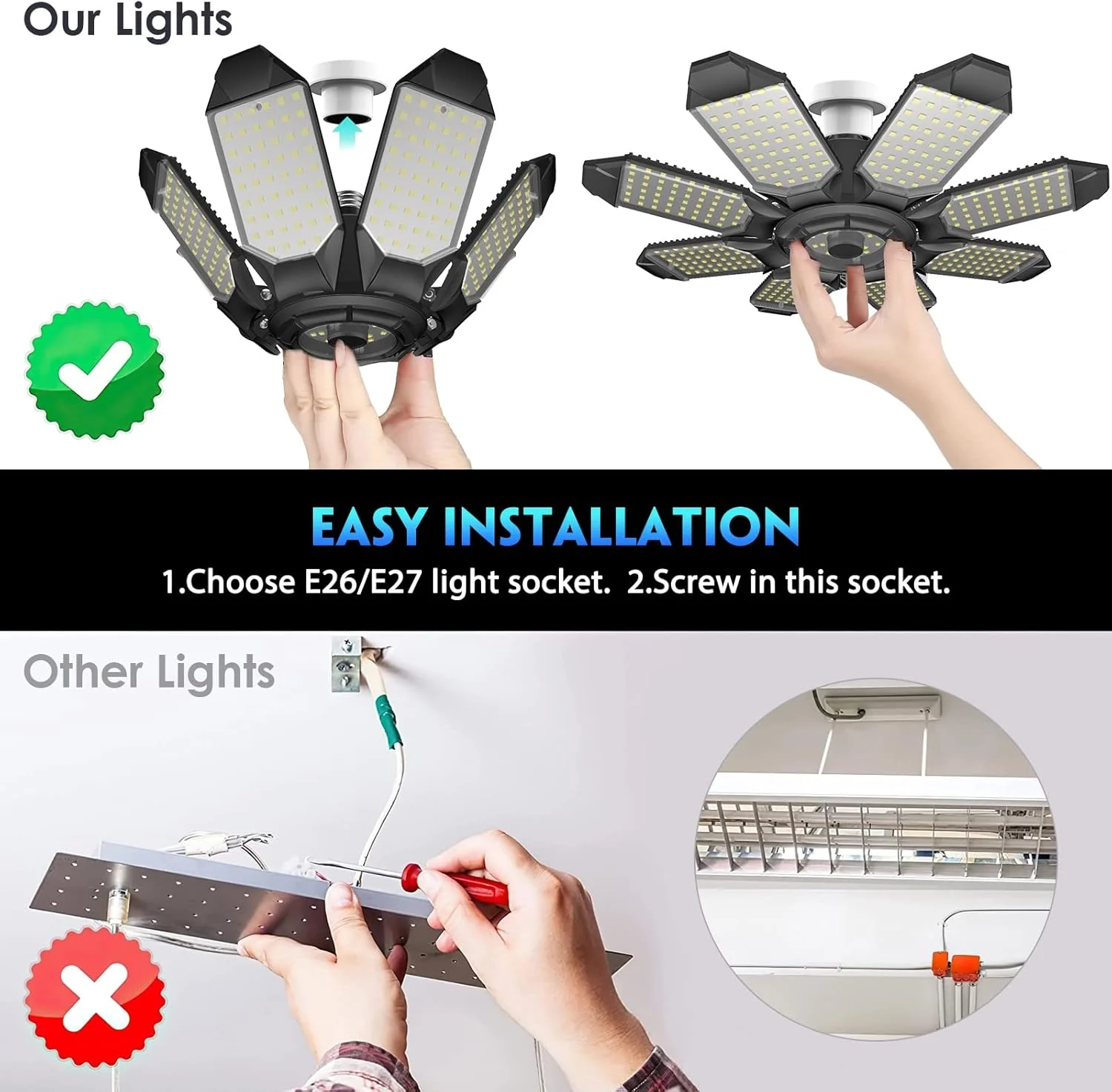 چراغ گاراژ LED دیریو، 260 وات 26000 لومن 6500K چراغ سقفی گاراژ LED تغییر شکل پذیر با 8+1 پنل قابل تنظیم، چراغ تجاری خلیجی برای سوکت پیچی E26/E27، زیرزمین، انبار، کارگاه، اتاق زیر شیروانی (2 بسته) چراغ گاراژ LED دیریو، 260 وات 26000 لومن 6500K چراغ سقفی گاراژ LED تغییر شکل پذیر با 8+1 پنل قابل تنظیم، چراغ تجاری خلیجی برای سوکت پیچی E26/E27، زیرزمین، انبار، کارگاه، اتاق زیر شیروانی (2 بسته)