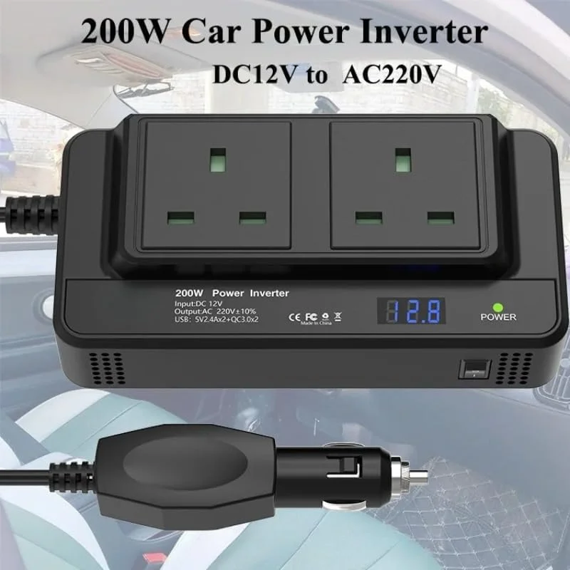 اینورتر برق خودرو FDTY، 200 وات، DC 12V به AC 220V، دارای 2 پریز UK و 4 پورت USB، نمایشگر LED، ابعاد 16.7*8.7*4.6 سانتی متر اینورتر برق خودرو FDTY، 200 وات، DC 12V به AC 220V، دارای 2 پریز UK و 4 پورت USB، نمایشگر LED، ابعاد 16.7*8.7*4.6 سانتی متر