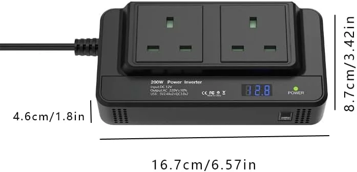 اینورتر برق خودرو FDTY، 200 وات، DC 12V به AC 220V، دارای 2 پریز UK و 4 پورت USB، نمایشگر LED، ابعاد 16.7*8.7*4.6 سانتی متر اینورتر برق خودرو FDTY، 200 وات، DC 12V به AC 220V، دارای 2 پریز UK و 4 پورت USB، نمایشگر LED، ابعاد 16.7*8.7*4.6 سانتی متر