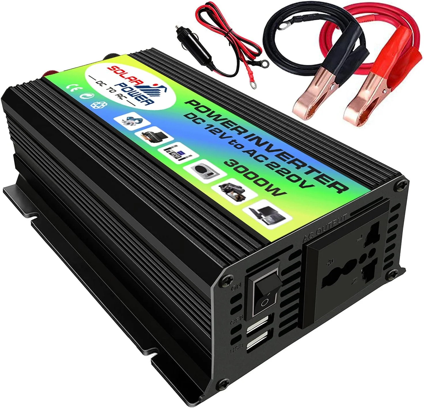 اینورتر موج سینوسی اصلاح شده 3000 وات Peaks Power، اینورتر برق فرکانس بالا به مبدل AC 220V، شارژر برق خودرو با پورت USB دوتایی 2.1 آمپر و گیره های باتری