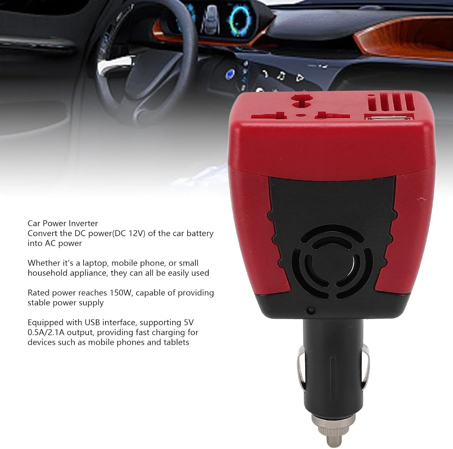 اینورتر برق خودرو Plyisty 150W، مبدل DC 12V به AC، آداپتور شارژر خودرو با پورت USB 5V 0.5A 2.1A، اینورتر برق USB قابل حمل برای تلفن، تبلت، لپ تاپ اینورتر برق خودرو Plyisty 150W، مبدل DC 12V به AC، آداپتور شارژر خودرو با پورت USB 5V 0.5A 2.1A، اینورتر برق USB قابل حمل برای تلفن، تبلت، لپ تاپ
