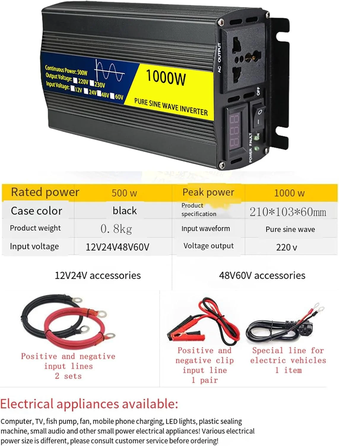 اینورتر موج سینوسی خالص OPSREY 12V 24V 48V 60V 220V 1000W 1600W 2000W 3000W 4000W اینورتر برق مبدل خودرو خانگی انرژی خورشیدی، 12V1000W اینورتر موج سینوسی خالص OPSREY 12V 24V 48V 60V 220V 1000W 1600W 2000W 3000W 4000W اینورتر برق مبدل خودرو خانگی انرژی خورشیدی، 12V1000W