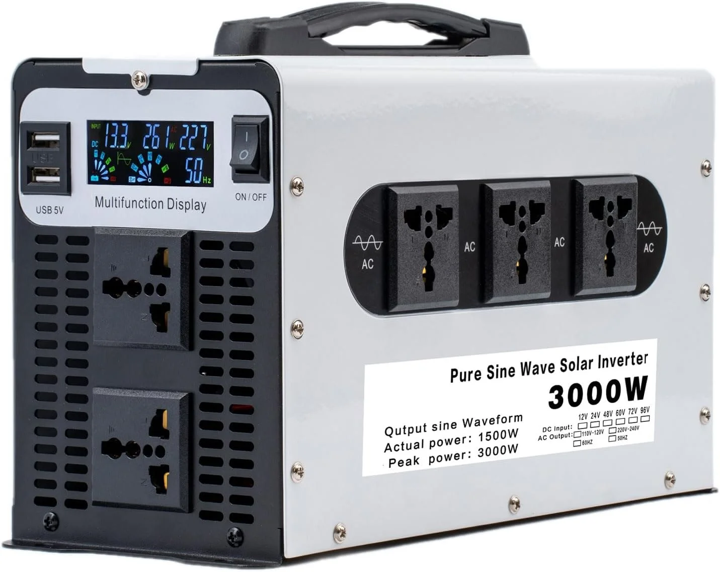 اینورتر موج سینوسی خالص 3000 واتی خورشیدی، DC 12V/24V/48V/60V/72V به AC 110V/220V اینورتر موج سینوسی خالص قابل حمل با نمایشگر LCD، مبدل برای خانه، مسافرت، فضای باز، کمپینگ، RV، کامیون