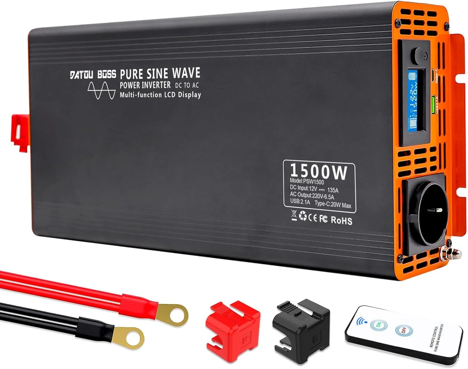 اینورتر موج سینوسی خالص 1500W/3000W اینورتر خودرو 12 ولت به 230 ولت اینورتر ولتاژ موج سینوسی خالص با 1 خروجی برق EU، 1 پورت USB و 1 پورت Type-c