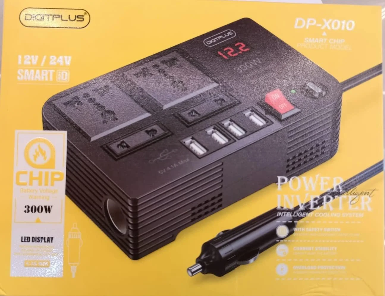 اینورتر برق 300 وات DIGITPLUS، مبدل DC 12V به AC 220V، دارای سوکت سه پورت و سوکت دو پورت اینورتر برق 300 وات DIGITPLUS، مبدل DC 12V به AC 220V، دارای سوکت سه پورت و سوکت دو پورت