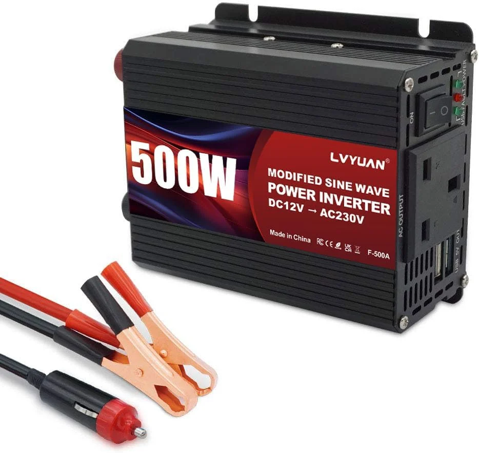 اینورتر برق 500 وات LVYUAN مبدل DC 12V به 230V 240V AC شارژر فندکی خودرو با دو پورت USB و پریزهای UK
