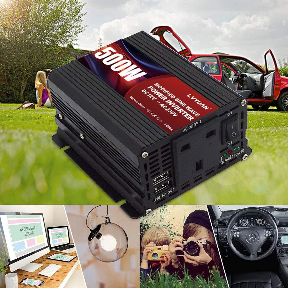 اینورتر برق 500 وات LVYUAN مبدل DC 12V به 230V 240V AC شارژر فندکی خودرو با دو پورت USB و پریزهای UK اینورتر برق 500 وات LVYUAN مبدل DC 12V به 230V 240V AC شارژر فندکی خودرو با دو پورت USB و پریزهای UK