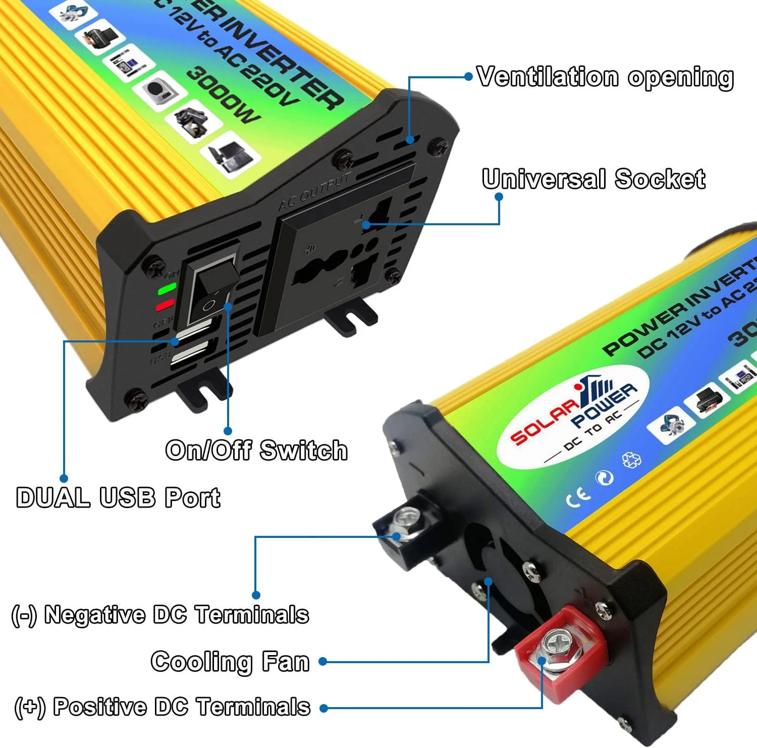 اینورتر موج سینوسی اصلاح شده Irovami Peaks Power 3000W اینورتر برق فرکانس بالا به مبدل AC 220V شارژر برق خودرو اینورتر با پورت USB دوتایی 2.1 آمپر گیره های باتری