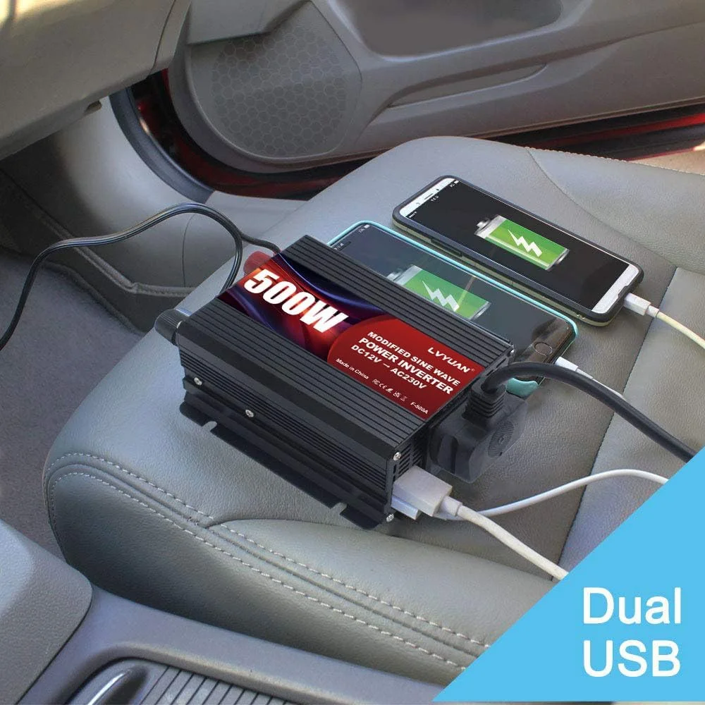 اینورتر برق 500 وات LVYUAN مبدل DC 12V به 230V 240V AC شارژر فندکی خودرو با دو پورت USB و پریزهای UK اینورتر برق 500 وات LVYUAN مبدل DC 12V به 230V 240V AC شارژر فندکی خودرو با دو پورت USB و پریزهای UK