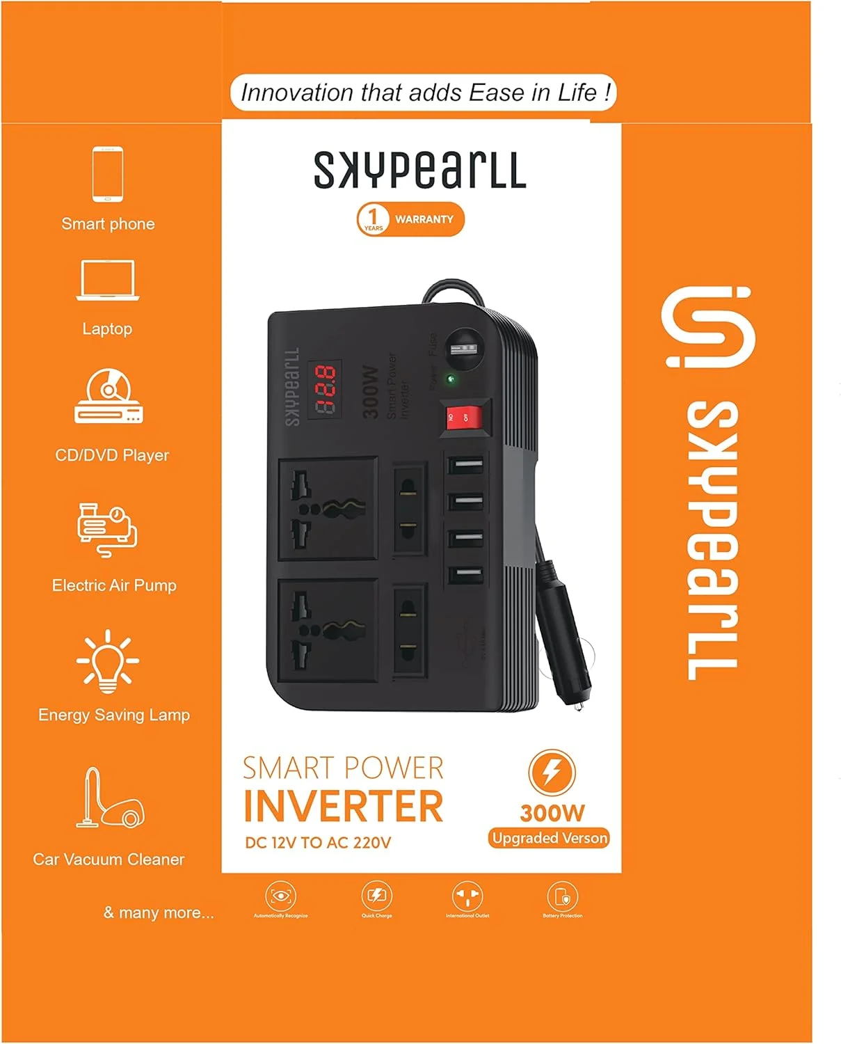شارژر لپ تاپ خودرو Skypearll، اینورتر خودرو 300 وات DC 12 ولت به AC 220 ولت با 4 پورت USB شارژ سریع، 2 سوکت جهانی، مشکی، 1 عدد