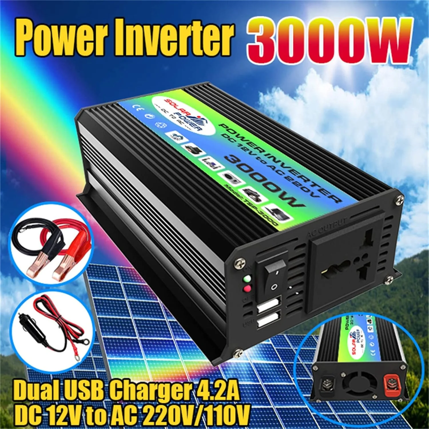 اینورتر برق 300 وات سوزلا، مبدل DC 12V به AC 110V 220V، شارژر فندکی خودرو با دو پورت USB 4.2 آمپر و پریزهای AC، آداپتور خودرو، مشکی اینورتر برق 300 وات سوزلا، مبدل DC 12V به AC 110V 220V، شارژر فندکی خودرو با دو پورت USB 4.2 آمپر و پریزهای AC، آداپتور خودرو، مشکی