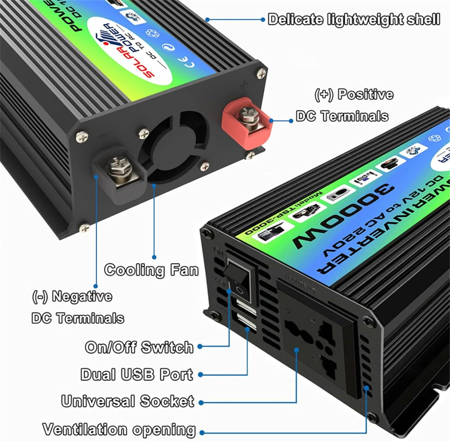 اینورتر برق 300 وات سوزلا، مبدل DC 12V به AC 110V 220V، شارژر فندکی خودرو با دو پورت USB 4.2 آمپر و پریزهای AC، آداپتور خودرو، مشکی اینورتر برق 300 وات سوزلا، مبدل DC 12V به AC 110V 220V، شارژر فندکی خودرو با دو پورت USB 4.2 آمپر و پریزهای AC، آداپتور خودرو، مشکی
