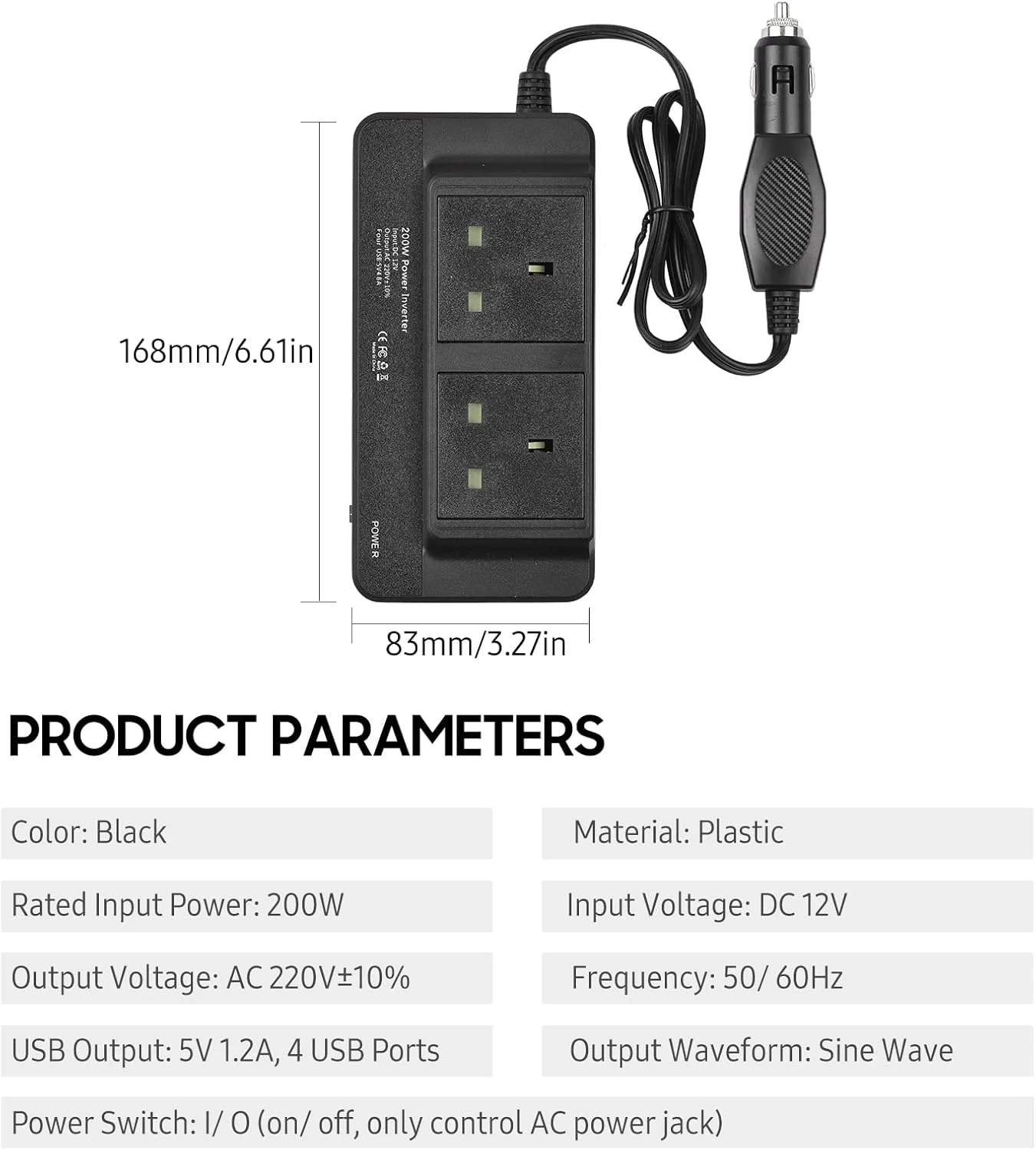 اینورتر برق خودرو 200 وات DC 12V به AC 220V با 2 پریز AC و 4 پورت USB، کلید روشن/خاموش، محافظت ایمن، آداپتور خودرو قابل حمل برای تلفن، لپ تاپ، چراغ های برقی، فن ها