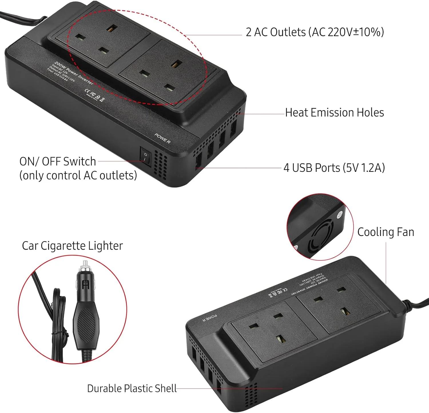 اینورتر برق خودرو 200 وات DC 12V به AC 220V با 2 پریز AC و 4 پورت USB، کلید روشن/خاموش، محافظت ایمن، آداپتور خودرو قابل حمل برای تلفن، لپ تاپ، چراغ های برقی، فن ها