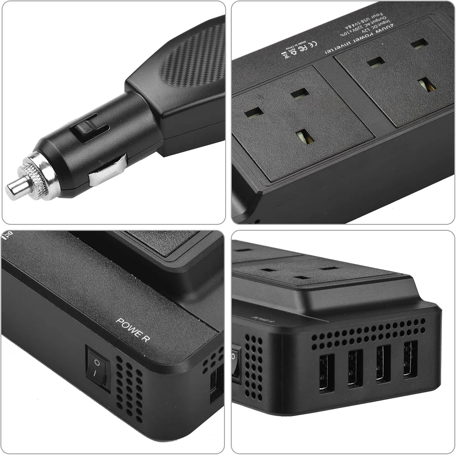 اینورتر برق خودرو 200 وات DC 12V به AC 220V با 2 پریز AC و 4 پورت USB، کلید روشن/خاموش، محافظت ایمن، آداپتور خودرو قابل حمل برای تلفن، لپ تاپ، چراغ های برقی، فن ها
