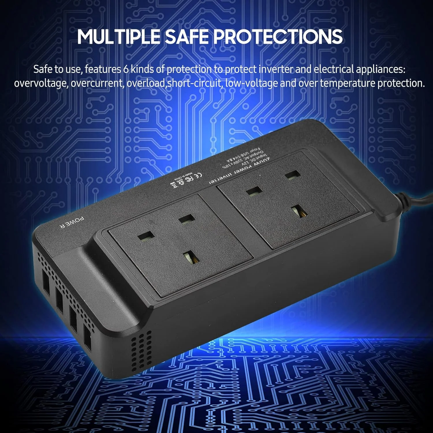 اینورتر برق خودرو 200 وات DC 12V به AC 220V با 2 پریز AC و 4 پورت USB، کلید روشن/خاموش، محافظت ایمن، آداپتور خودرو قابل حمل برای تلفن، لپ تاپ، چراغ های برقی، فن ها